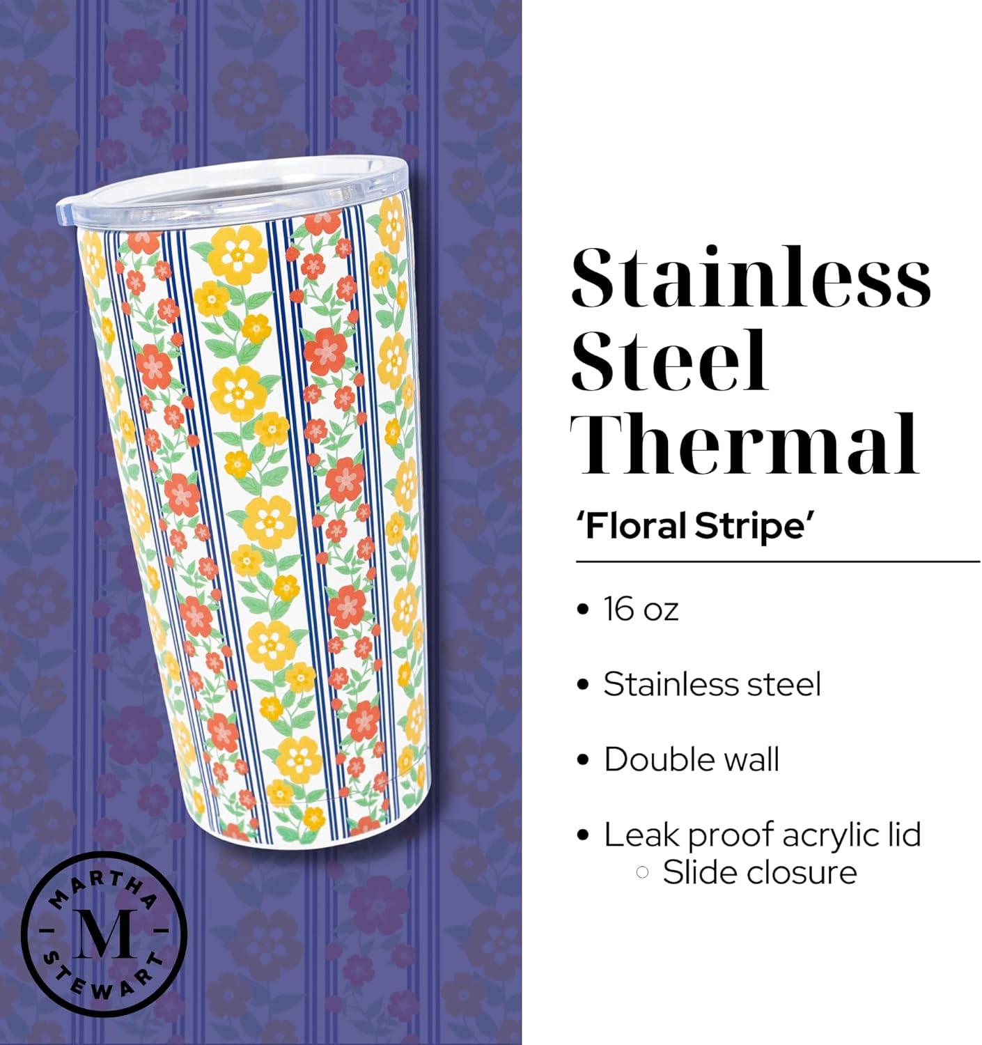 imageMartha Stewart Insulated Coffee Tumbler 16 Ounce Stainless Steel Travel Mug with Lid DoubleWall Design for Hot or Cold Beverages Floral Stripe