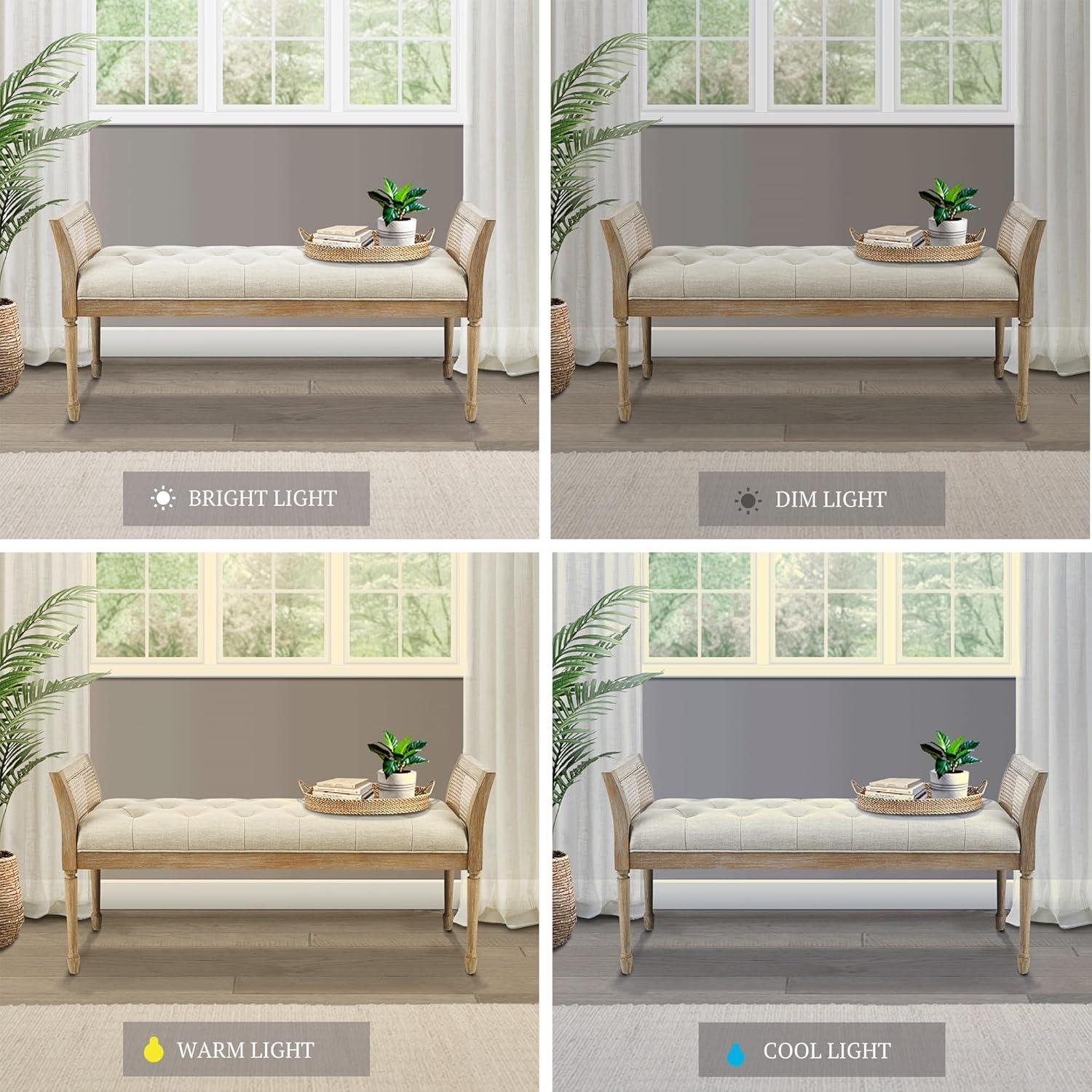 imageMartha Stewart Isla Entryway Accent Bench for Living Room Bedford Collection Tufted Seat Cane Side Frames Farmhouse Bed End Bench for Bedroom Indoor Seating Reclaimed Finish 485 Wide Natural