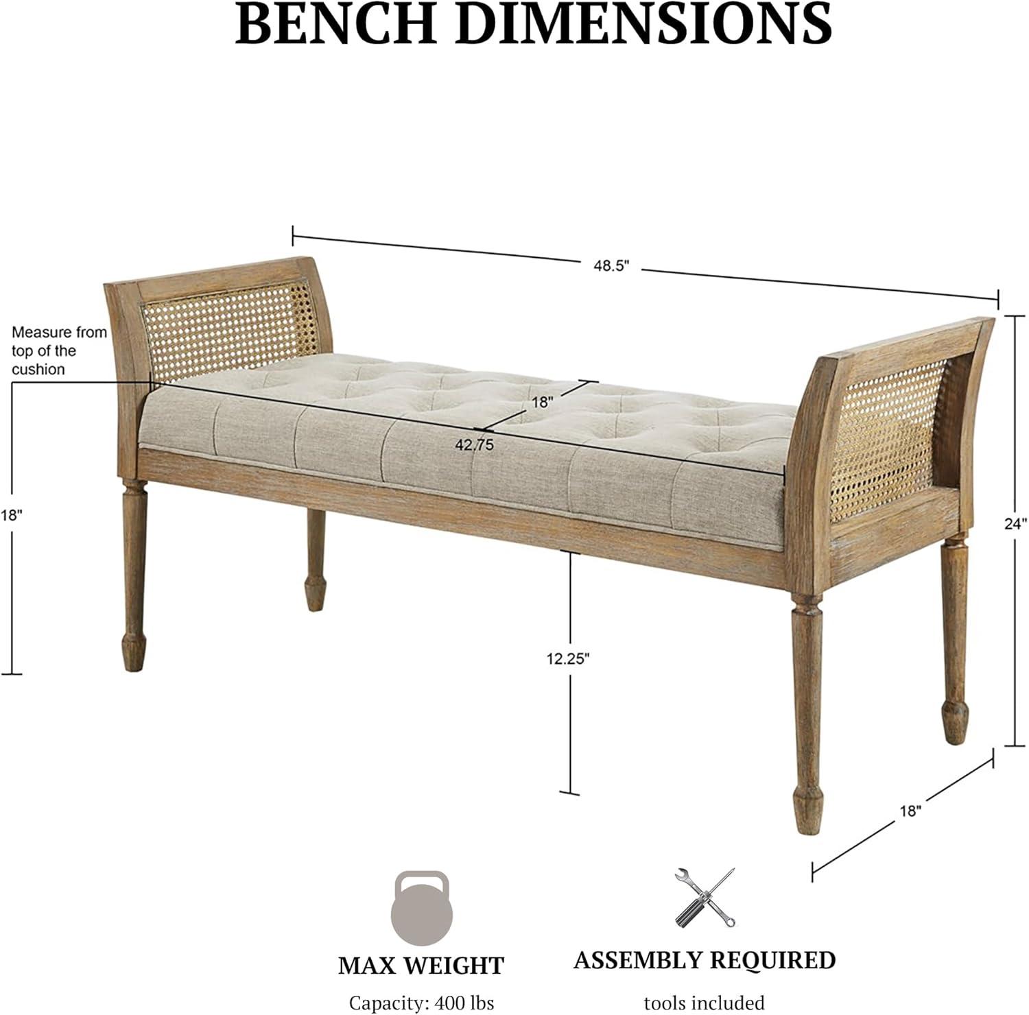 imageMartha Stewart Isla Entryway Accent Bench for Living Room Bedford Collection Tufted Seat Cane Side Frames Farmhouse Bed End Bench for Bedroom Indoor Seating Reclaimed Finish 485 Wide Natural