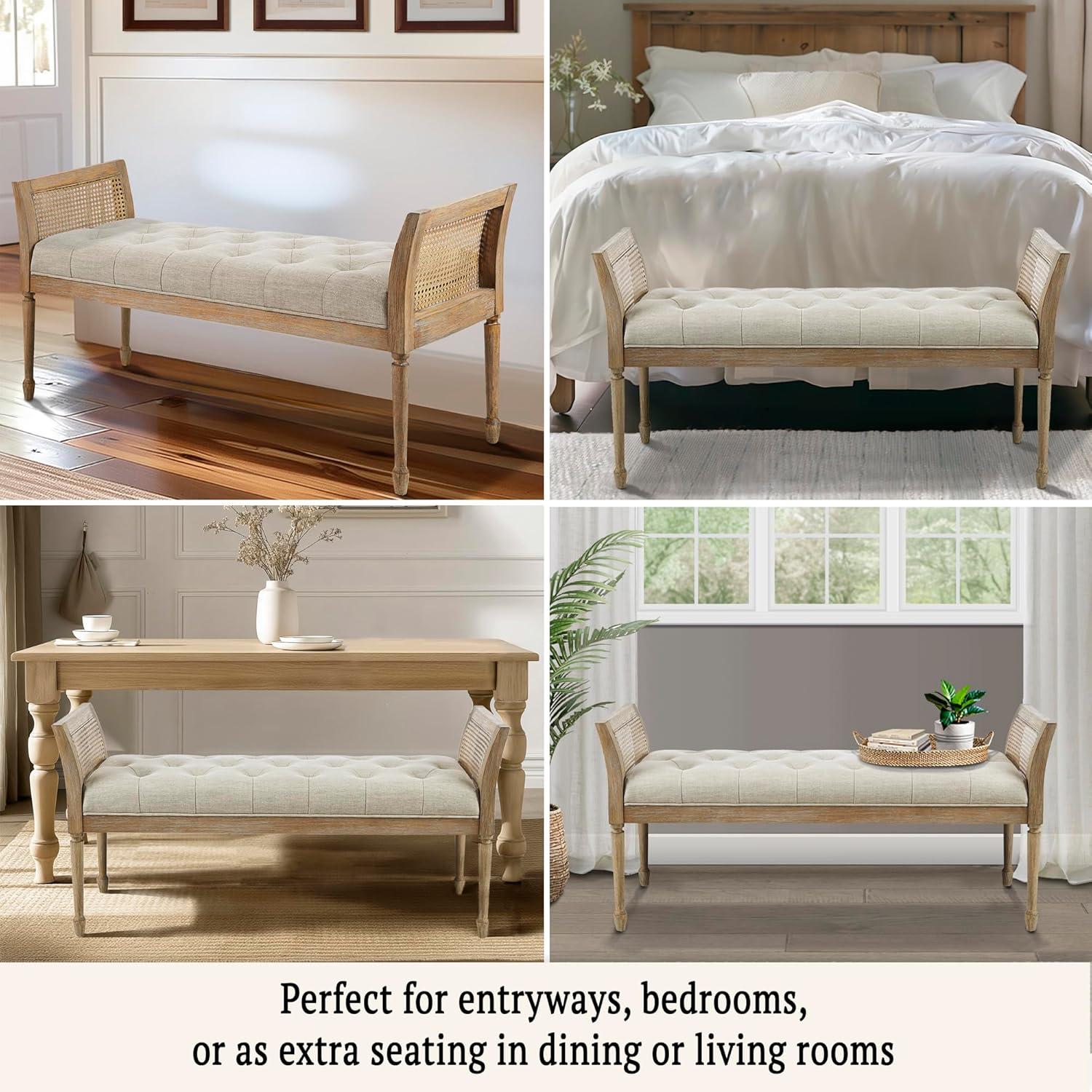 imageMartha Stewart Isla Entryway Accent Bench for Living Room Bedford Collection Tufted Seat Cane Side Frames Farmhouse Bed End Bench for Bedroom Indoor Seating Reclaimed Finish 485 Wide Natural