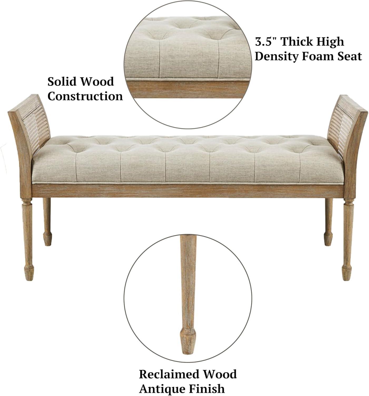 imageMartha Stewart Isla Entryway Accent Bench for Living Room Bedford Collection Tufted Seat Cane Side Frames Farmhouse Bed End Bench for Bedroom Indoor Seating Reclaimed Finish 485 Wide Natural