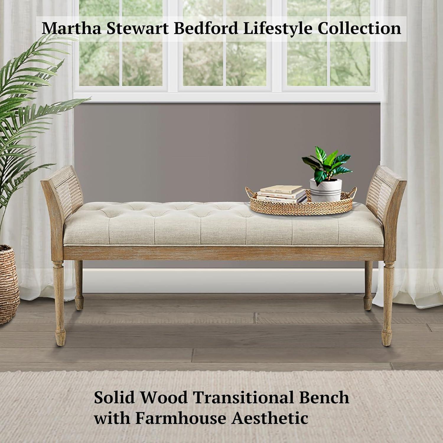 imageMartha Stewart Isla Entryway Accent Bench for Living Room Bedford Collection Tufted Seat Cane Side Frames Farmhouse Bed End Bench for Bedroom Indoor Seating Reclaimed Finish 485 Wide Natural