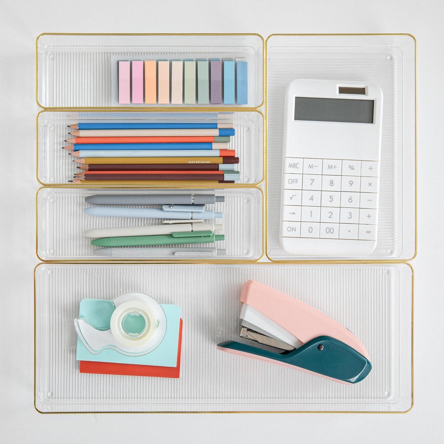 imageMartha Stewart Kerry Plastic Stackable Office Desk Drawer Organizers Set of 8 with Gold TrimSet of 5