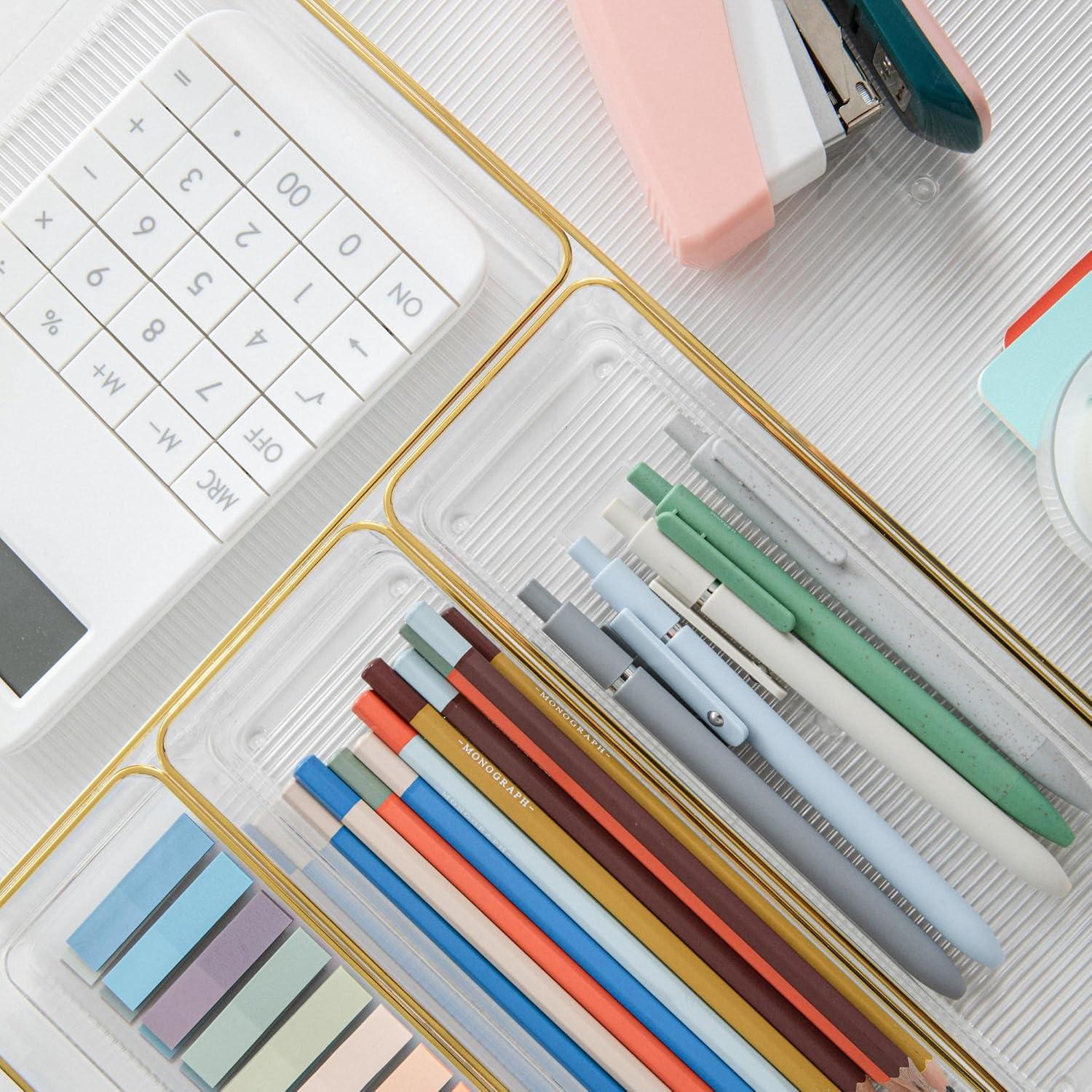 imageMartha Stewart Kerry Plastic Stackable Office Desk Drawer Organizers Set of 8 with Gold TrimSet of 5