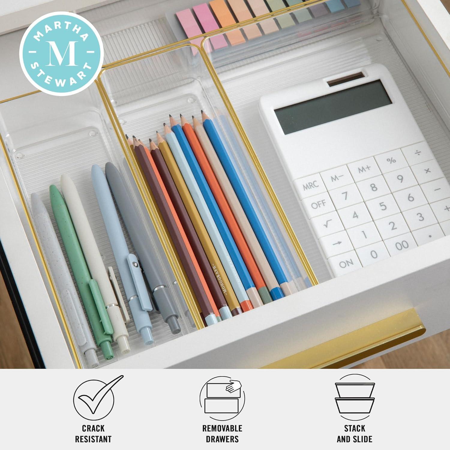 imageMartha Stewart Kerry Plastic Stackable Office Desk Drawer Organizers Set of 8 with Gold TrimSet of 5