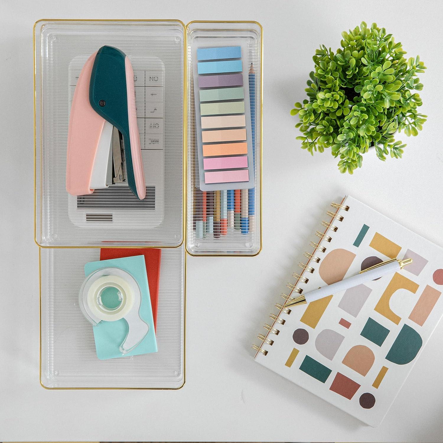 imageMartha Stewart Kerry Plastic Stackable Office Desk Drawer Organizers Set of 8 with Gold TrimSet of 5