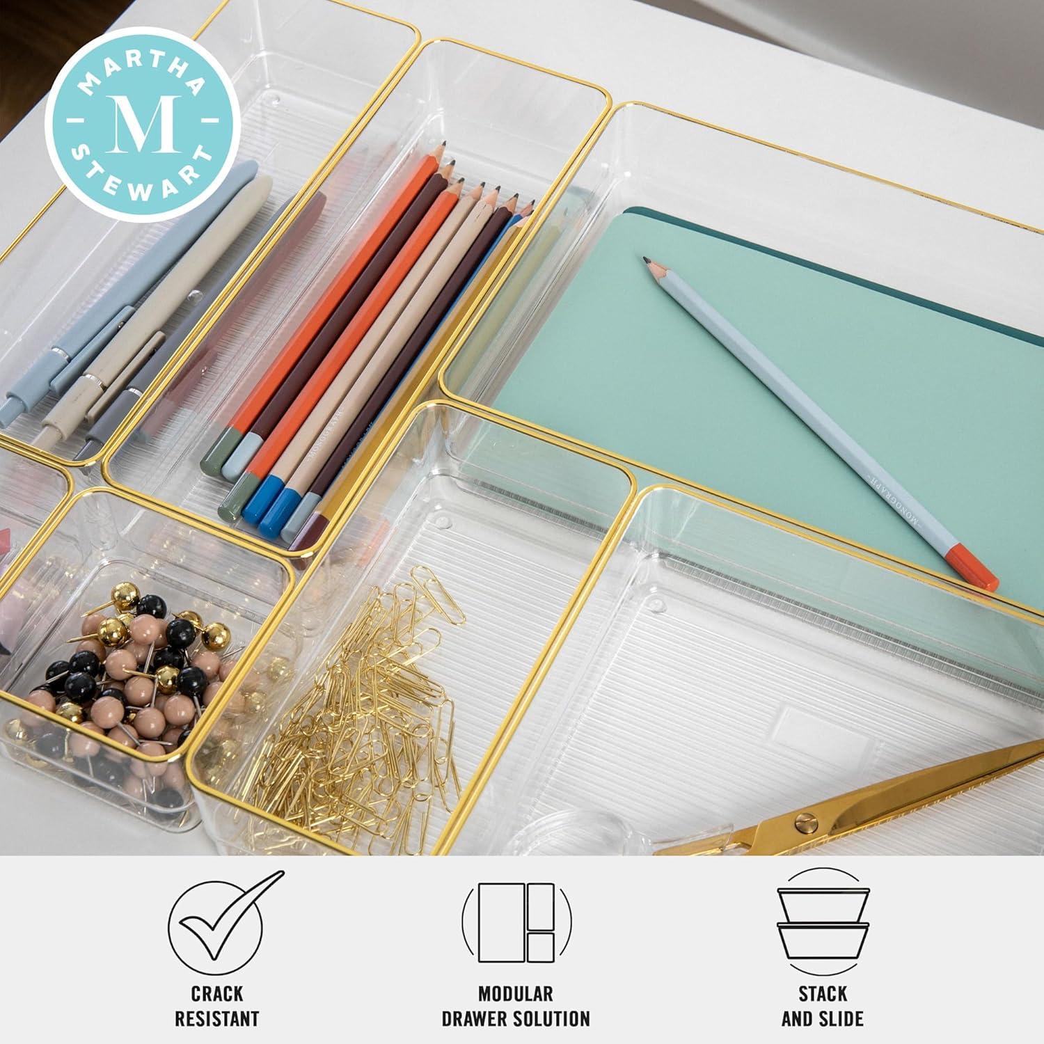 imageMartha Stewart Kerry Plastic Stackable Office Desk Drawer Organizers Set of 8 with Gold TrimSet of 8