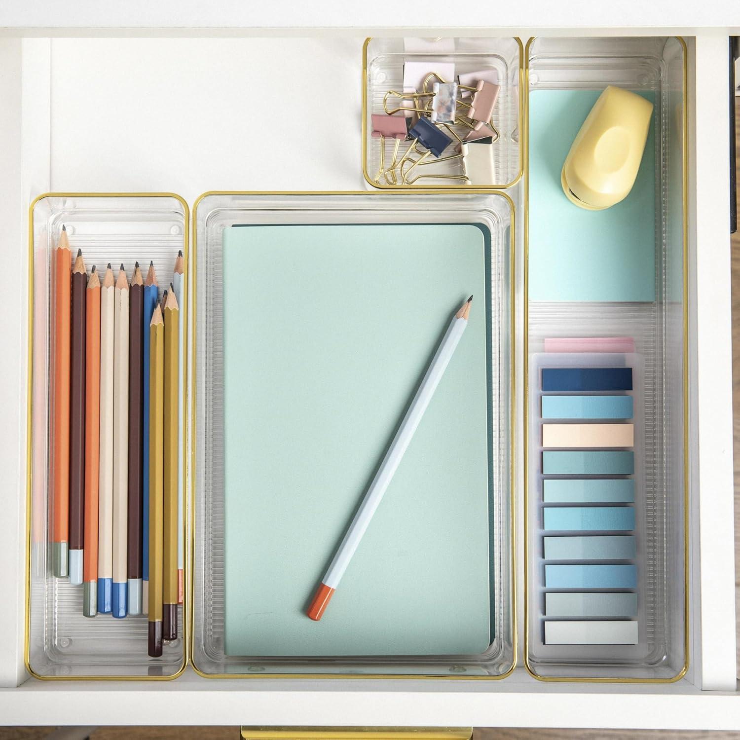 imageMartha Stewart Kerry Plastic Stackable Office Desk Drawer Organizers Set of 8 with Gold TrimSet of 8