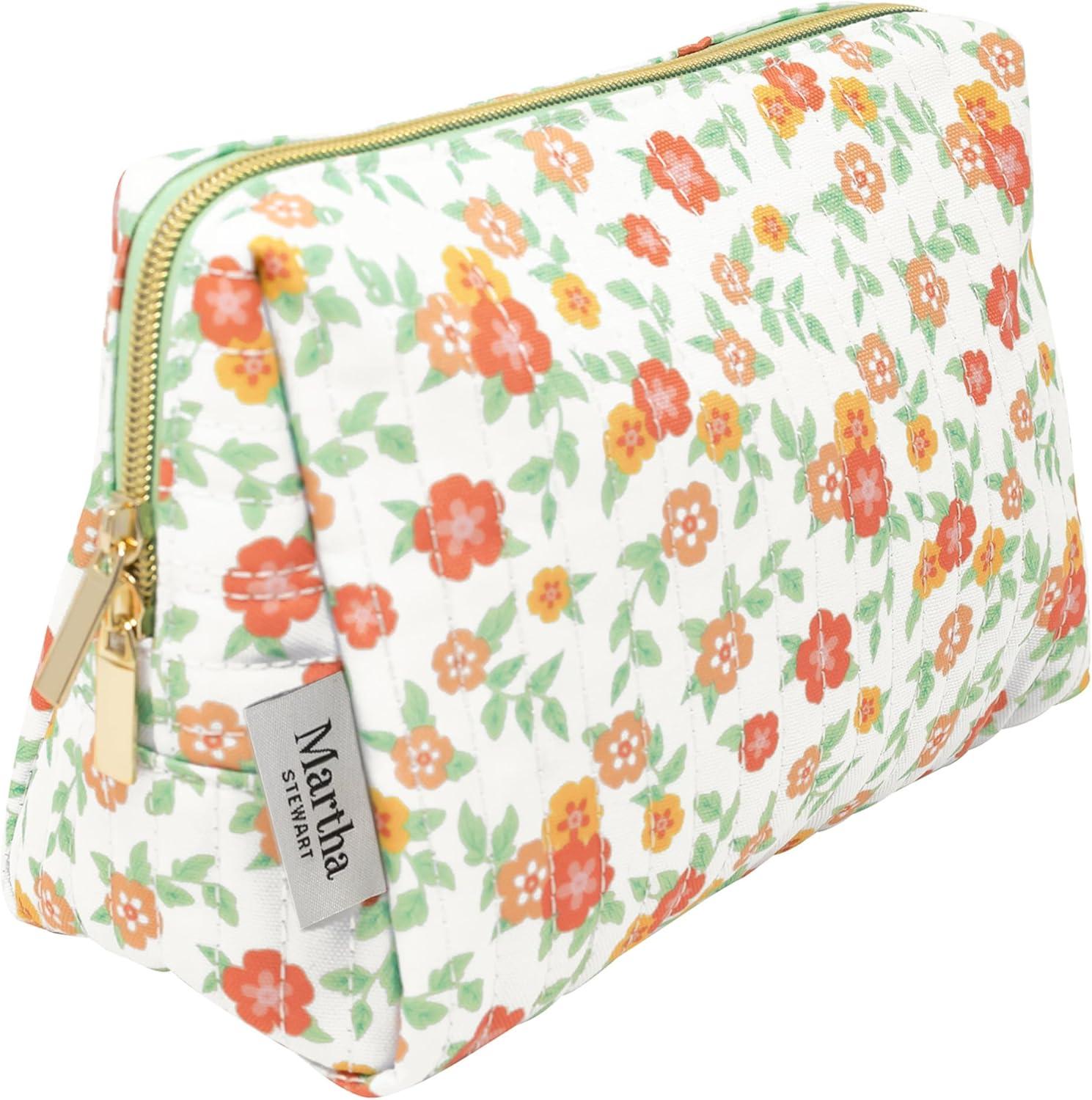 imageMartha Stewart Quilted Makeup Bag Compact Cosmetic Organizer for Women Small Zipper Pouch with PVC Lining 875 x 4 x 6 Floral Cloud Dancer