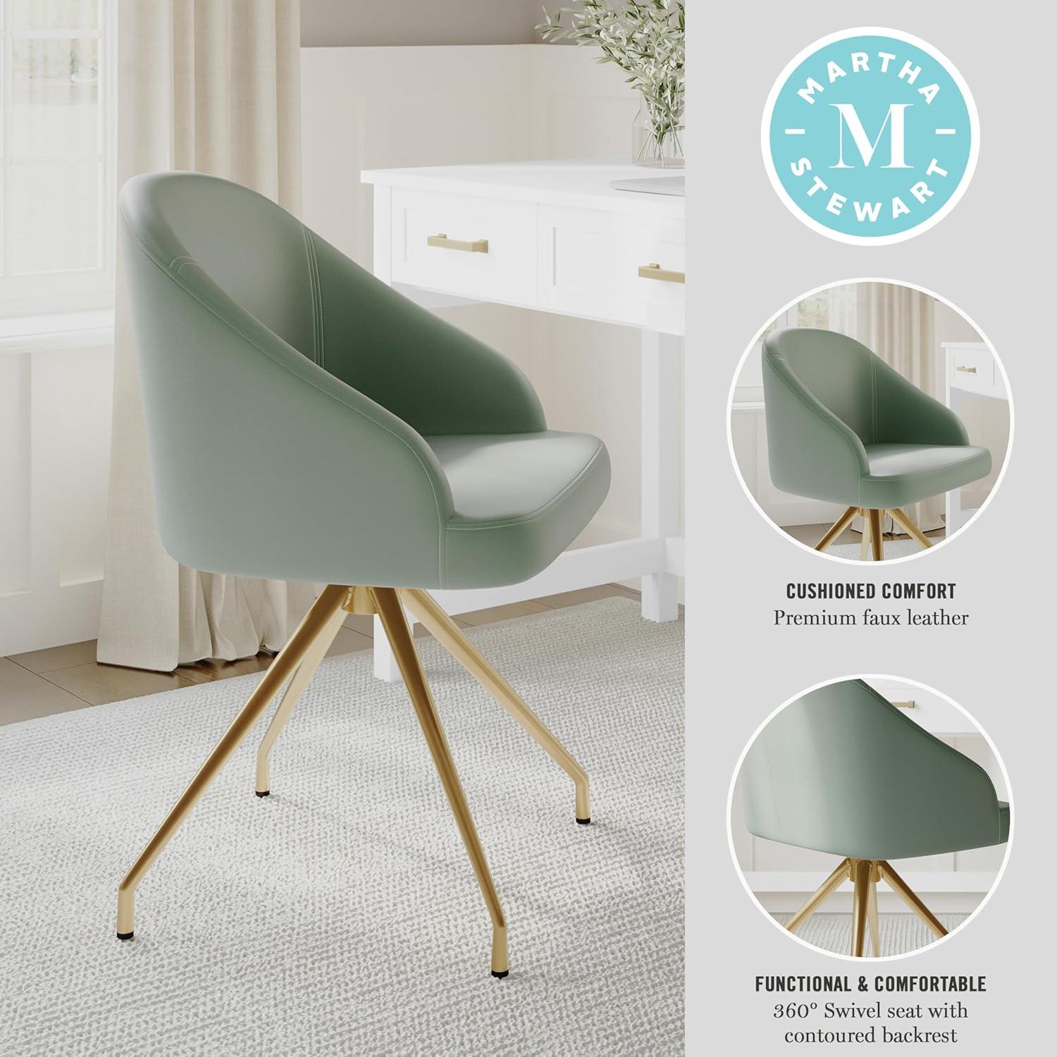 imageMartha Stewart Sora Stationary Swivel Task Chair with Sloped Arms for Home Office in Gray Velvet with Oil Rubbed Bronze FrameSage Faux LeatherPolished Brass Frame