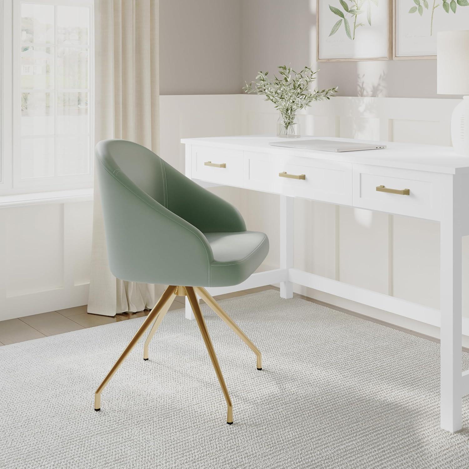 imageMartha Stewart Sora Stationary Swivel Task Chair with Sloped Arms for Home Office in Gray Velvet with Oil Rubbed Bronze FrameSage Faux LeatherPolished Brass Frame