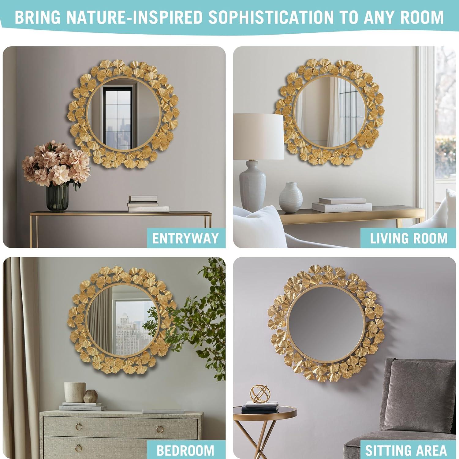 imageMartha Stewart Wall Dcor Large Gingko Leaf Round Wall Mirror for Living Room Iron Metal Plate Frame Antique Finish Ready to Hang Bedroom Decoration Eden 305 GoldGold