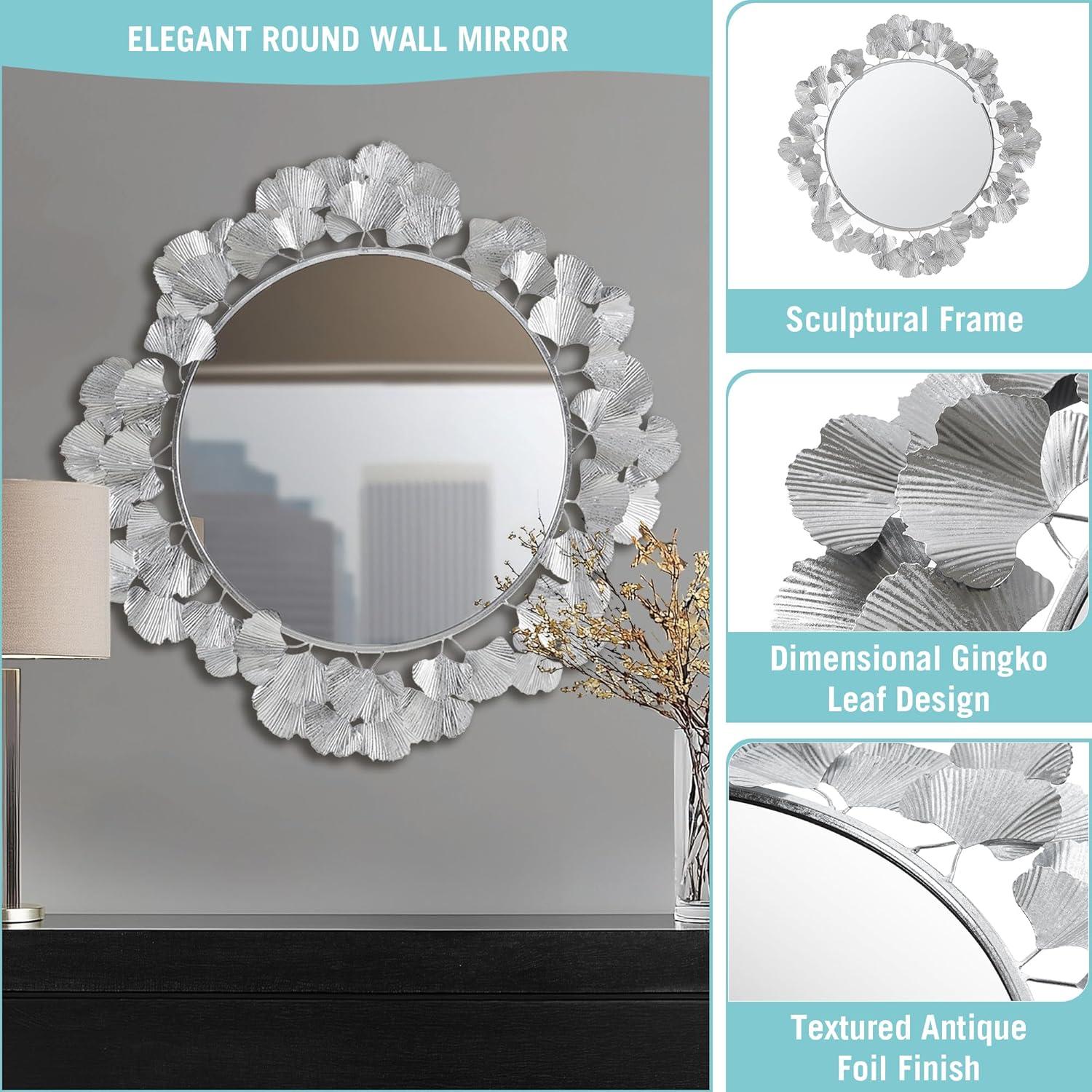 imageMartha Stewart Wall Dcor Large Gingko Leaf Round Wall Mirror for Living Room Iron Metal Plate Frame Antique Finish Ready to Hang Bedroom Decoration Eden 305 GoldSilver