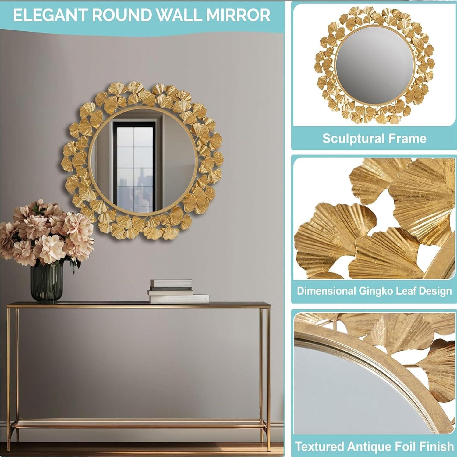 imageMartha Stewart Wall Dcor Large Gingko Leaf Round Wall Mirror for Living Room Iron Metal Plate Frame Antique Finish Ready to Hang Bedroom Decoration Eden 305 GoldGold