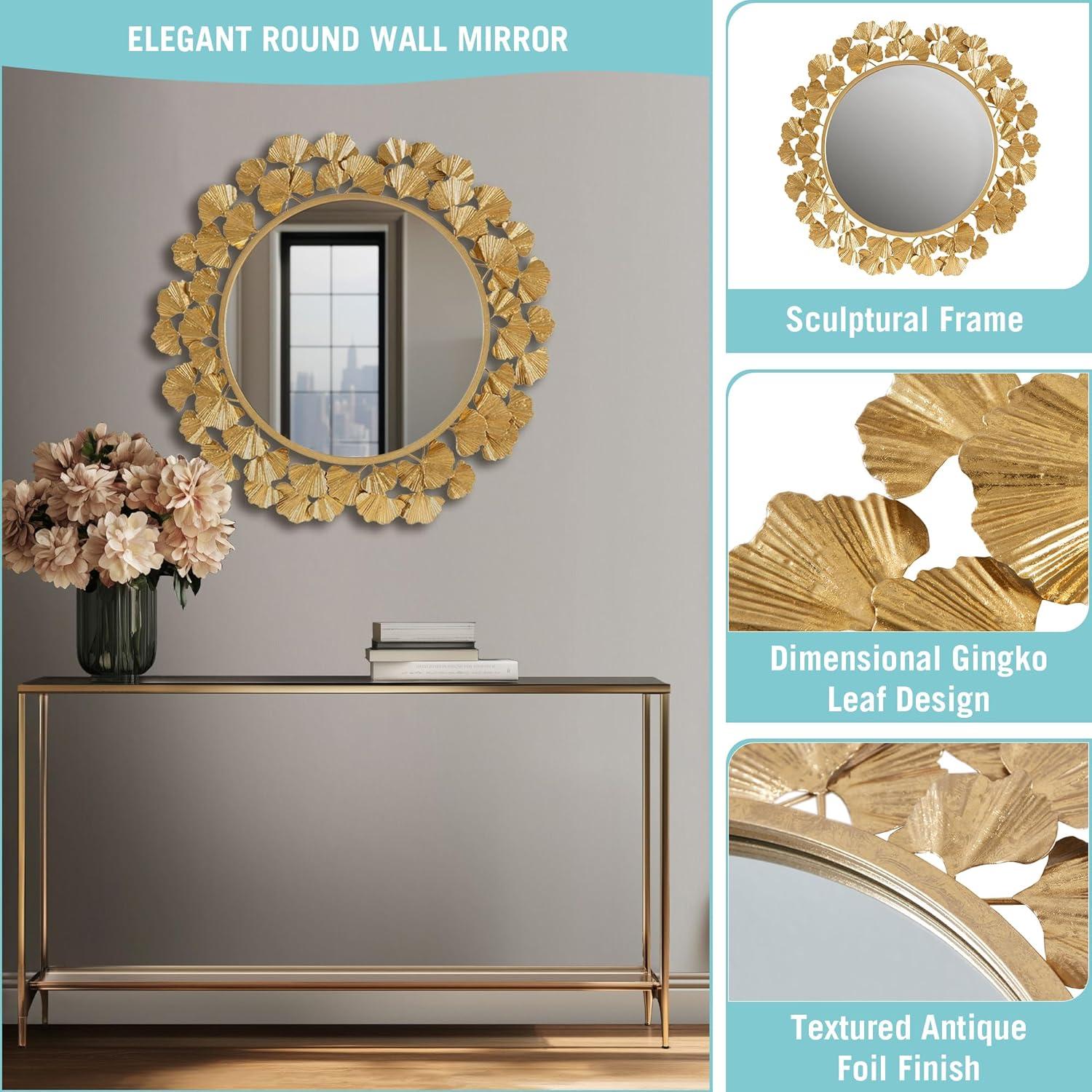 imageMartha Stewart Wall Dcor Large Gingko Leaf Round Wall Mirror for Living Room Iron Metal Plate Frame Antique Finish Ready to Hang Bedroom Decoration Eden 305 GoldGold