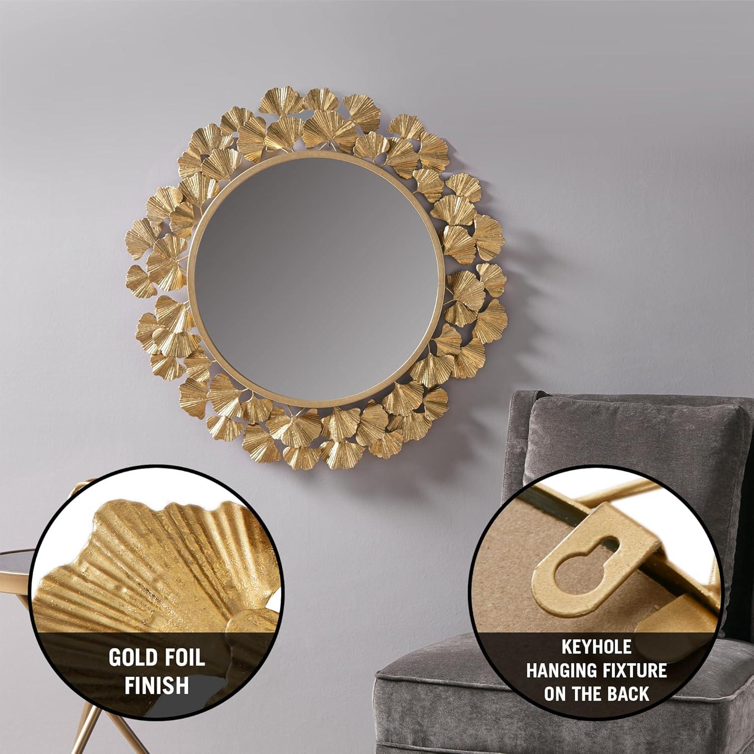 imageMartha Stewart Wall Dcor Large Gingko Leaf Round Wall Mirror for Living Room Iron Metal Plate Frame Antique Finish Ready to Hang Bedroom Decoration Eden 305 GoldGold