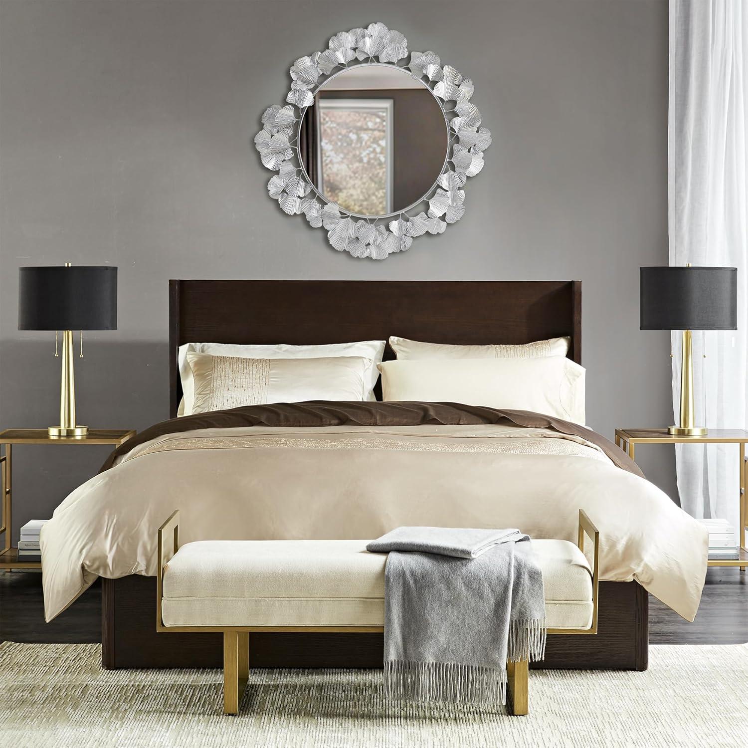 imageMartha Stewart Wall Dcor Large Gingko Leaf Round Wall Mirror for Living Room Iron Metal Plate Frame Antique Finish Ready to Hang Bedroom Decoration Eden 305 GoldSilver