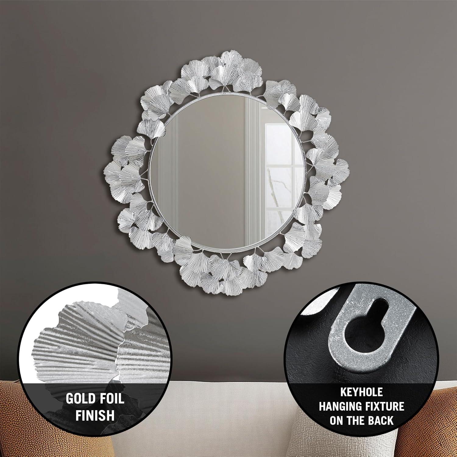 imageMartha Stewart Wall Dcor Large Gingko Leaf Round Wall Mirror for Living Room Iron Metal Plate Frame Antique Finish Ready to Hang Bedroom Decoration Eden 305 GoldSilver
