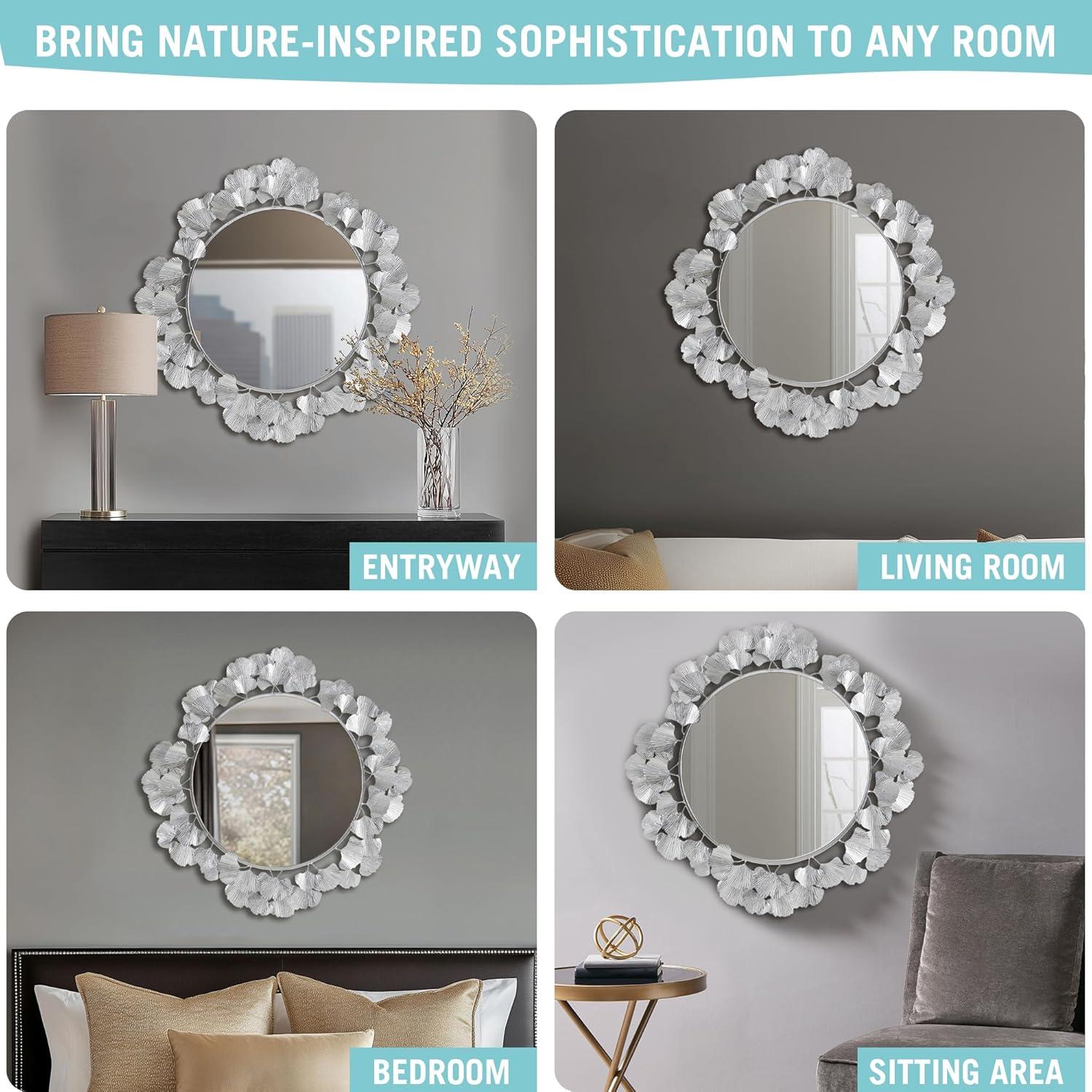 imageMartha Stewart Wall Dcor Large Gingko Leaf Round Wall Mirror for Living Room Iron Metal Plate Frame Antique Finish Ready to Hang Bedroom Decoration Eden 305 GoldSilver