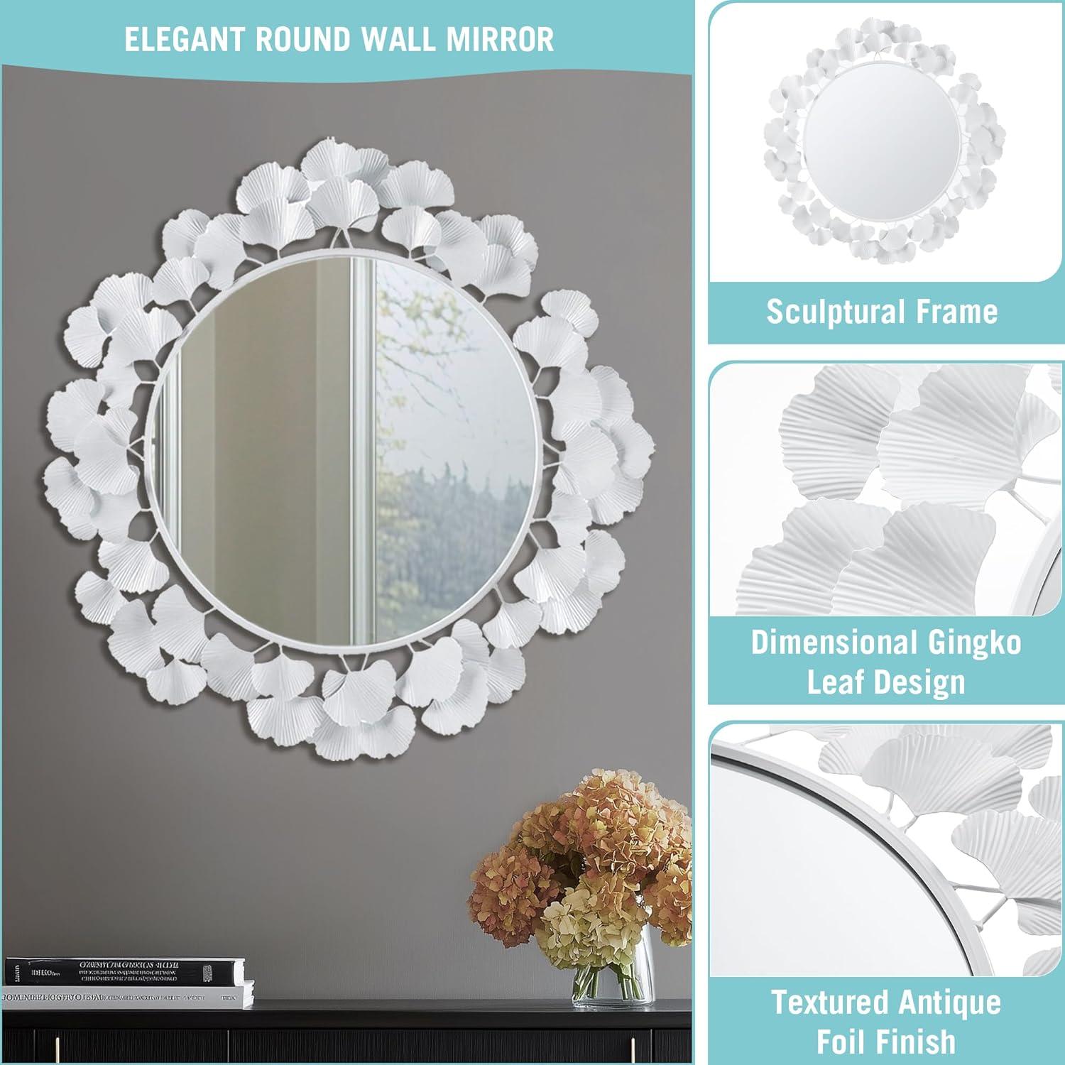 imageMartha Stewart Wall Dcor Large Gingko Leaf Round Wall Mirror for Living Room Iron Metal Plate Frame Antique Finish Ready to Hang Bedroom Decoration Eden 305 GoldWhite