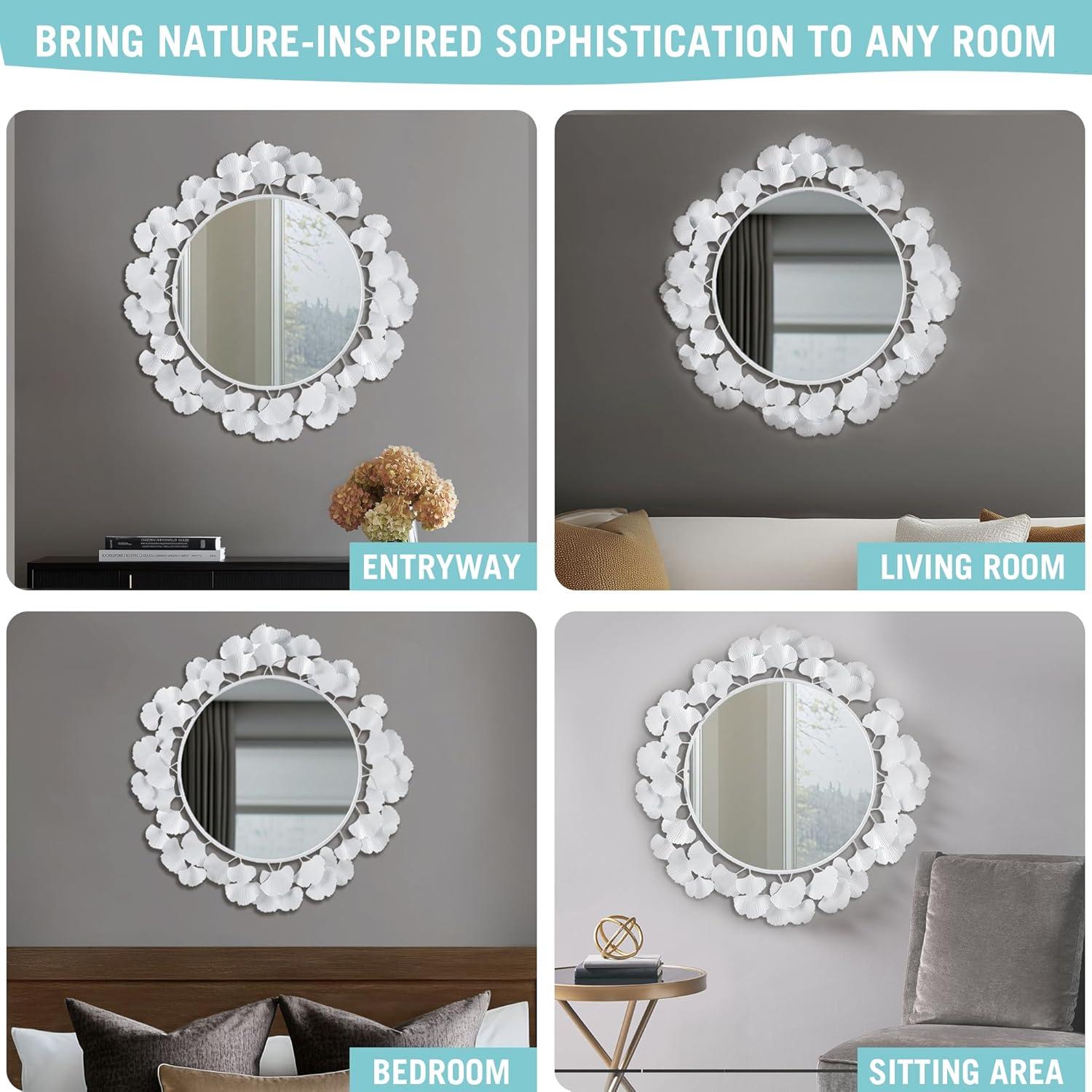 imageMartha Stewart Wall Dcor Large Gingko Leaf Round Wall Mirror for Living Room Iron Metal Plate Frame Antique Finish Ready to Hang Bedroom Decoration Eden 305 GoldWhite