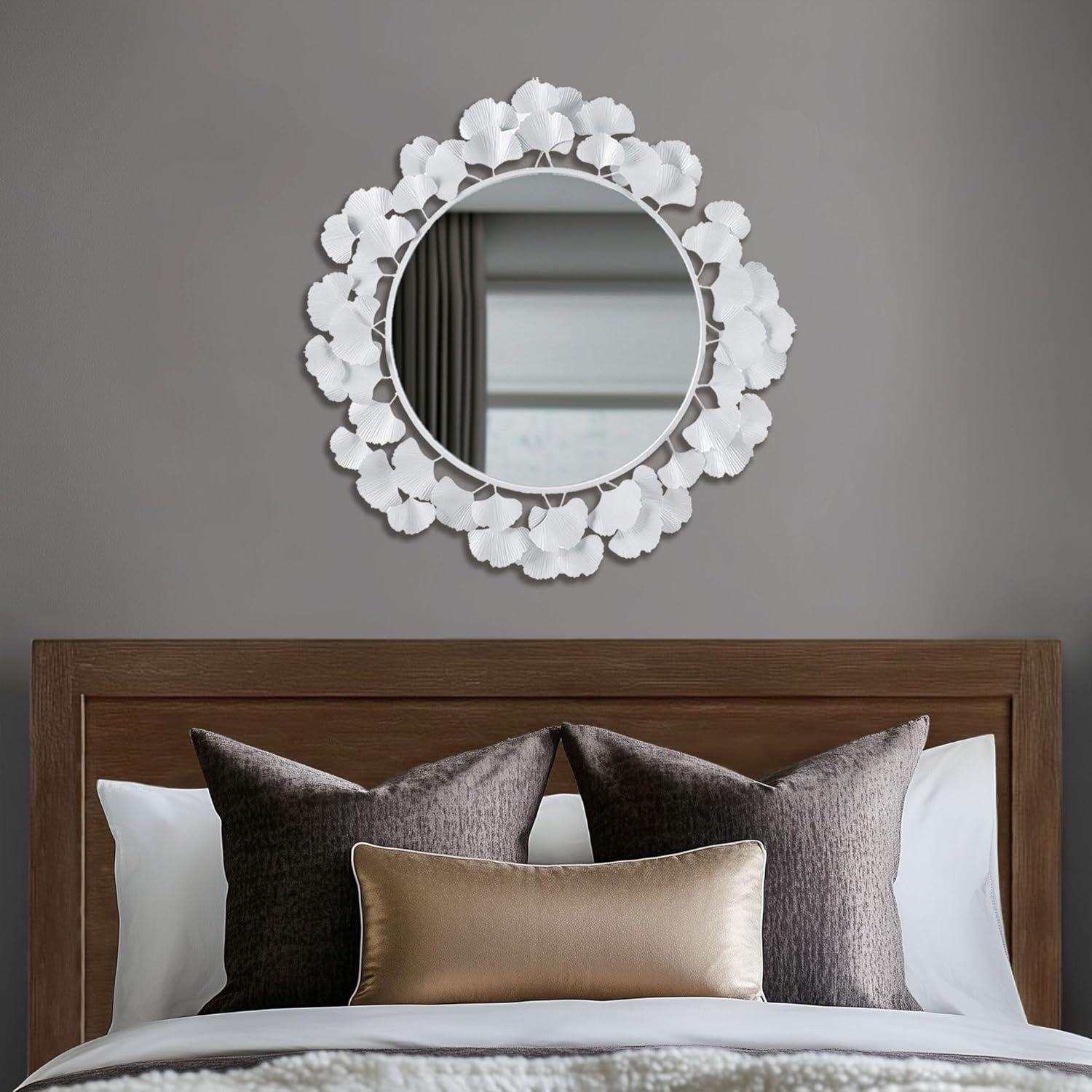 imageMartha Stewart Wall Dcor Large Gingko Leaf Round Wall Mirror for Living Room Iron Metal Plate Frame Antique Finish Ready to Hang Bedroom Decoration Eden 305 GoldWhite