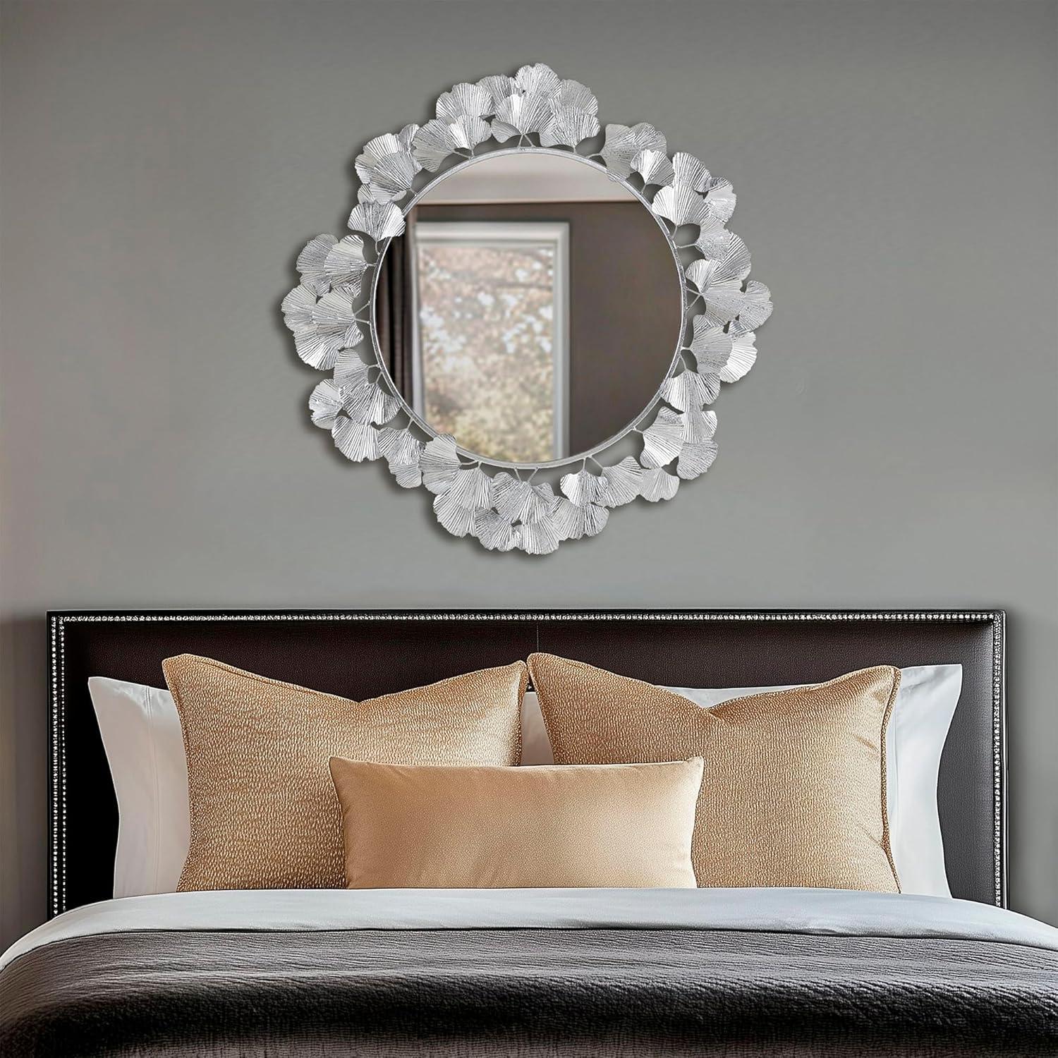 imageMartha Stewart Wall Dcor Large Gingko Leaf Round Wall Mirror for Living Room Iron Metal Plate Frame Antique Finish Ready to Hang Bedroom Decoration Eden 305 GoldSilver