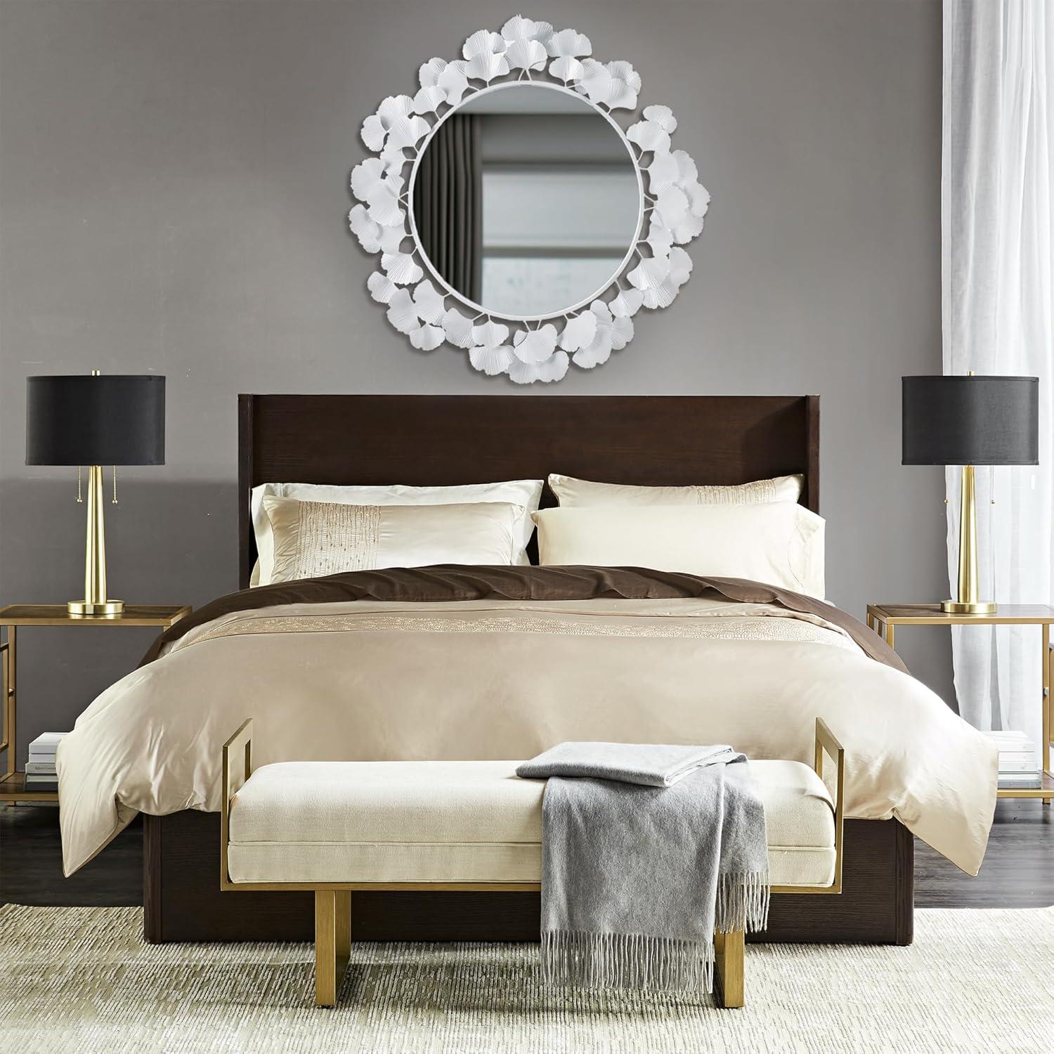 imageMartha Stewart Wall Dcor Large Gingko Leaf Round Wall Mirror for Living Room Iron Metal Plate Frame Antique Finish Ready to Hang Bedroom Decoration Eden 305 GoldWhite