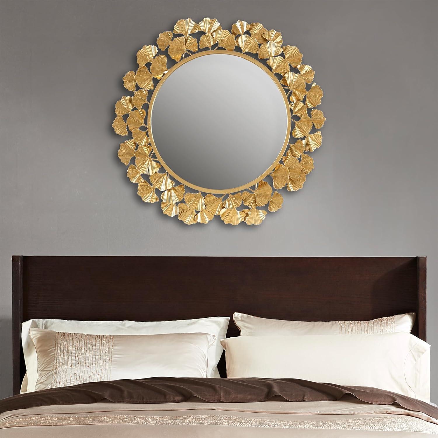 imageMartha Stewart Wall Dcor Large Gingko Leaf Round Wall Mirror for Living Room Iron Metal Plate Frame Antique Finish Ready to Hang Bedroom Decoration Eden 305 GoldGold