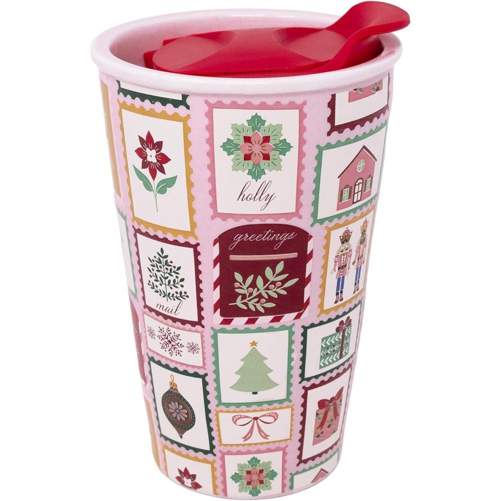 imageMartha Stewart 12 oz Ceramic Travel Mug with Plastic Lid Festive Coffee Cup for Hot Drinks Christmas Gift for Coffee amp Tea Lovers Holiday Stamps