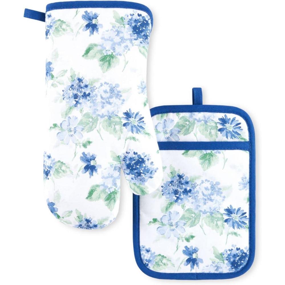imageMartha Stewart Amber Floral Oven Mitt amp Pot Holder Set 2Pack PinkYellow OM 7x13 amp PH 7x10Blue