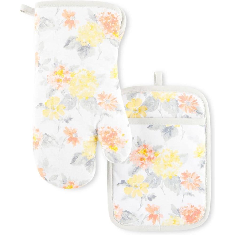 imageMartha Stewart Amber Floral Oven Mitt amp Pot Holder Set 2Pack PinkYellow OM 7x13 amp PH 7x10YellowCoral