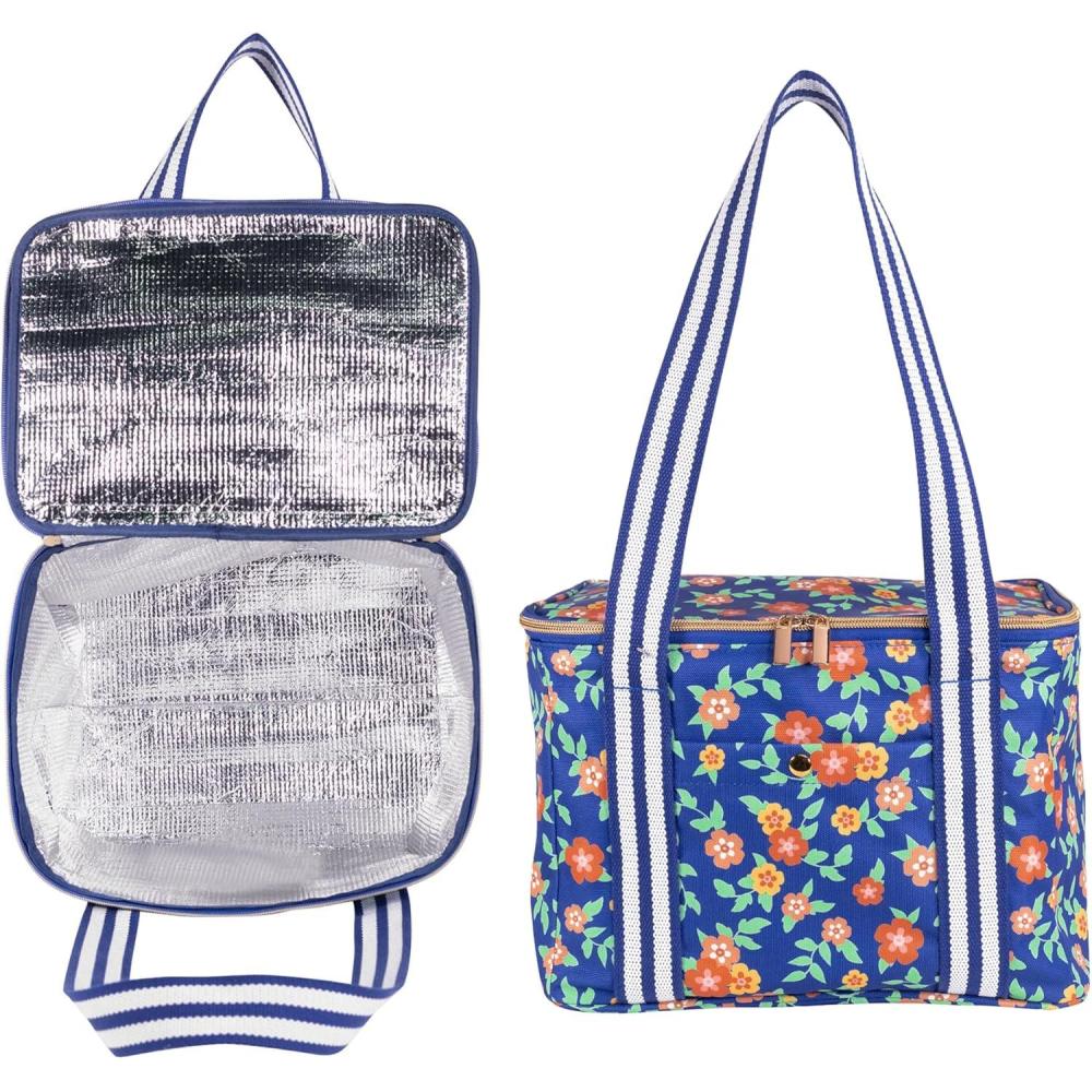 imageMartha Stewart Insulated Cooler Bag Spacious 118 x 85 x 122 Reusable Grocery Bag for Food and Beverages Durable Cotton Canvas with Insulated Interior Floral Deep Ultramarine