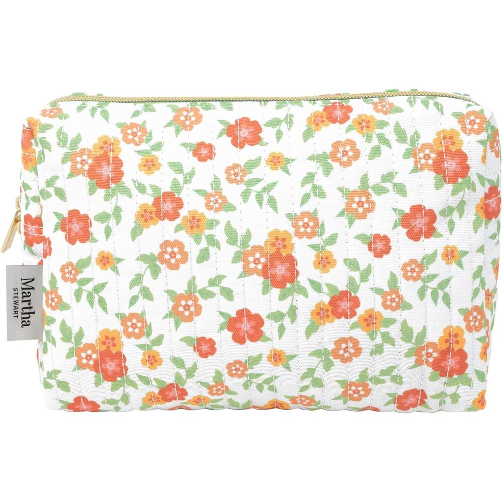 imageMartha Stewart Quilted Makeup Bag Compact Cosmetic Organizer for Women Small Zipper Pouch with PVC Lining 875 x 4 x 6 Floral Cloud Dancer