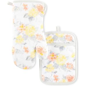 Martha Stewart Amber Floral Oven Mitt & Pot Holder Set 2-Pack, Pink/Yellow, OM: 7″x13″ & PH: 7″x10″(Yellow/Coral)