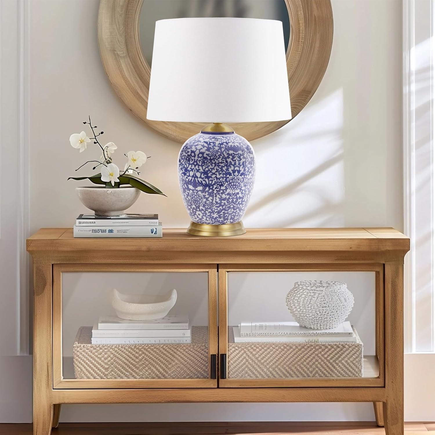 imageHampton Hill Jemma Table Lamp Living Room Decor Curved Ceramic Base Tapered Drum Shade Modern Home Office Desk Lighting Nightstand Reading Light for Bedroom White 15 Lx15 Wx26 H
