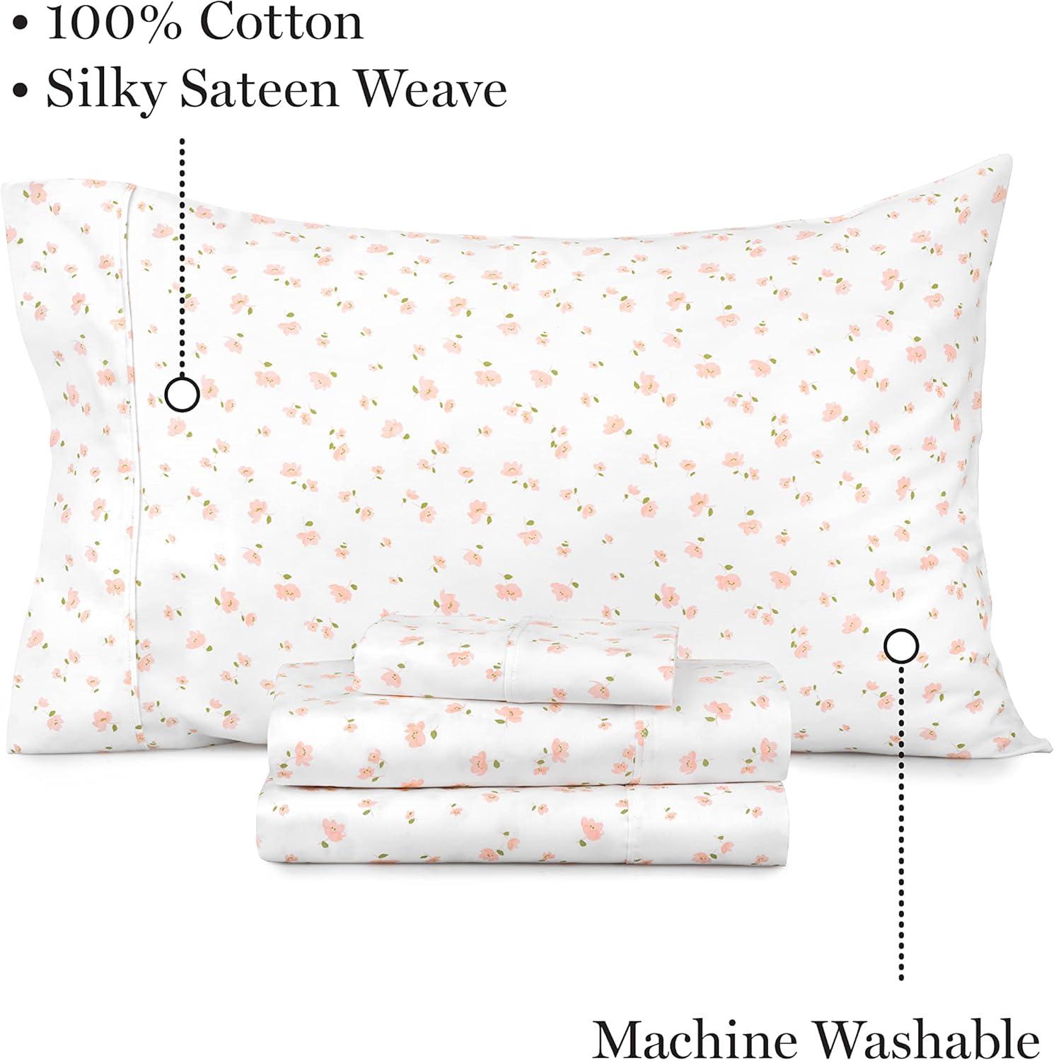 imageMARTHA STEWART 100 Cotton Full Size Sheet Set 4 Piece Soft Smooth Durable Easy Care 16 Deep Pocket Sheets Sateen Sheets 1 Flat 1 Fitted 2 Pillowcases Light BlueShea Floral Blush