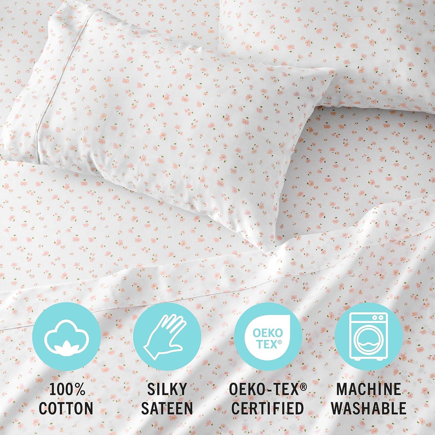 imageMARTHA STEWART 100 Cotton Full Size Sheet Set 4 Piece Soft Smooth Durable Easy Care 16 Deep Pocket Sheets Sateen Sheets 1 Flat 1 Fitted 2 Pillowcases Light BlueShea Floral Blush