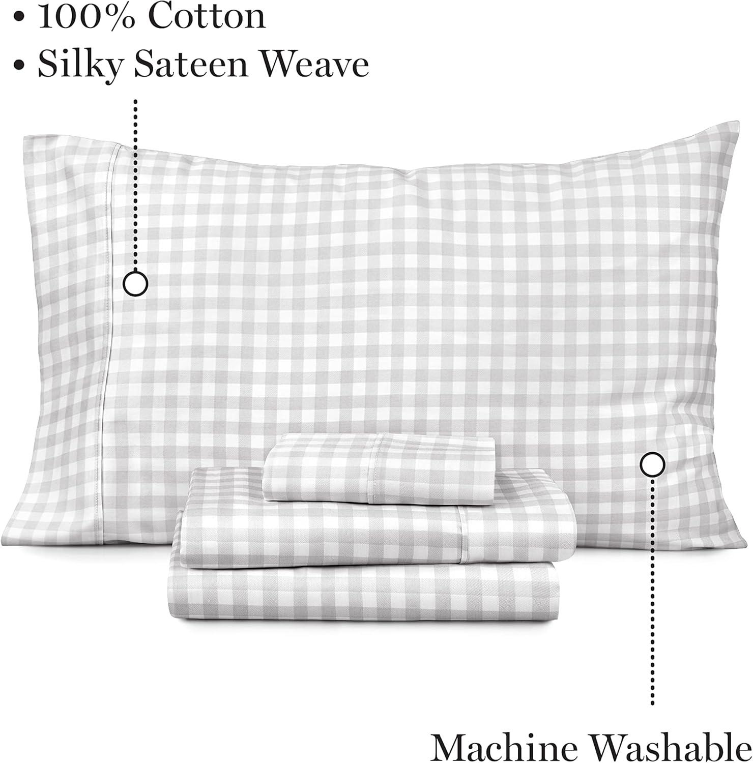 imageMARTHA STEWART 100 Cotton Full Size Sheet Set 4 Piece Soft Smooth Durable Easy Care 16 Deep Pocket Sheets Sateen Sheets 1 Flat 1 Fitted 2 Pillowcases Light BlueGingham Light Gray