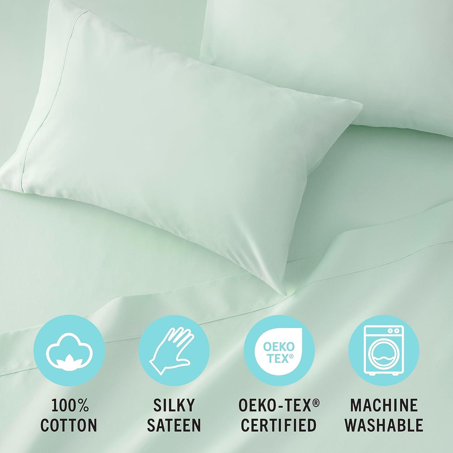 imageMARTHA STEWART 100 Cotton Full Size Sheet Set 4 Piece Soft Smooth Durable Easy Care 16 Deep Pocket Sheets Sateen Sheets 1 Flat 1 Fitted 2 Pillowcases Light BlueMint
