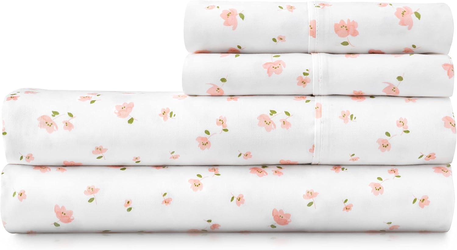 imageMARTHA STEWART 100 Cotton Full Size Sheet Set 4 Piece Soft Smooth Durable Easy Care 16 Deep Pocket Sheets Sateen Sheets 1 Flat 1 Fitted 2 Pillowcases Light BlueShea Floral Blush