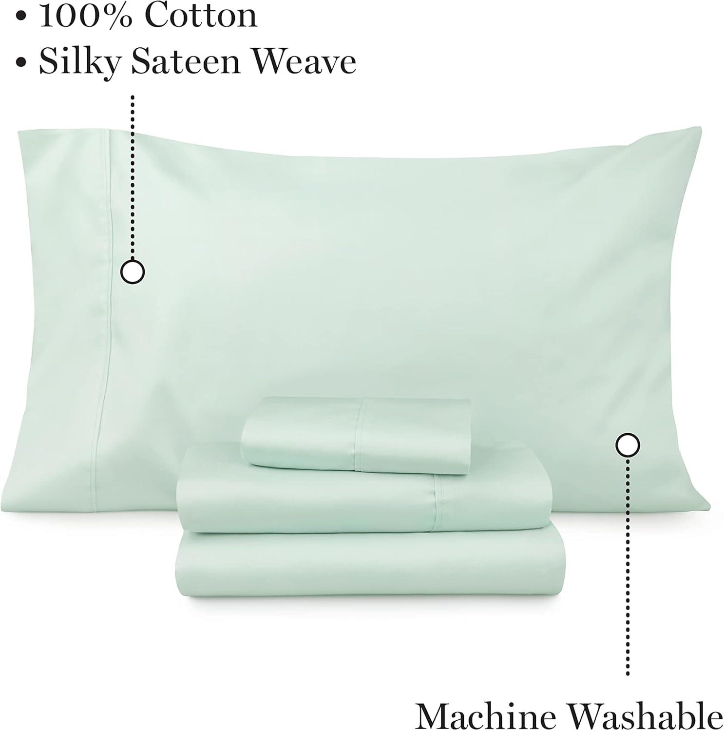 imageMARTHA STEWART 100 Cotton Full Size Sheet Set 4 Piece Soft Smooth Durable Easy Care 16 Deep Pocket Sheets Sateen Sheets 1 Flat 1 Fitted 2 Pillowcases Light BlueMint