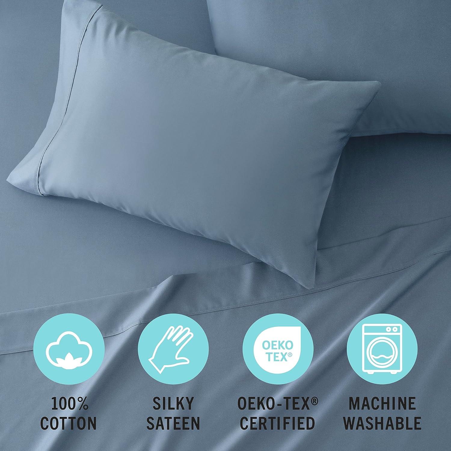 imageMARTHA STEWART 100 Cotton Full Size Sheet Set 4 Piece Soft Smooth Durable Easy Care 16 Deep Pocket Sheets Sateen Sheets 1 Flat 1 Fitted 2 Pillowcases Light BlueBlue