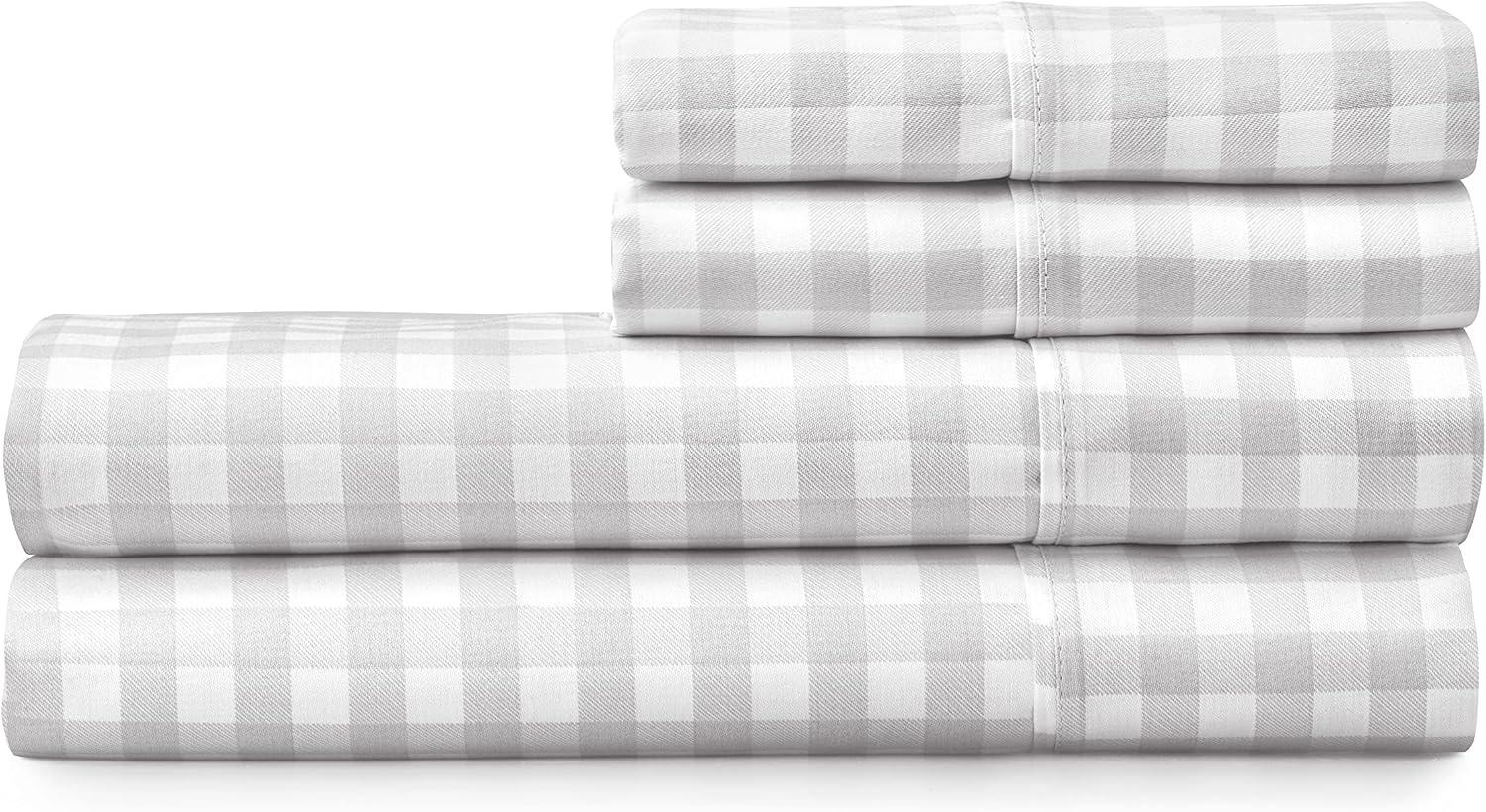 imageMARTHA STEWART 100 Cotton Full Size Sheet Set 4 Piece Soft Smooth Durable Easy Care 16 Deep Pocket Sheets Sateen Sheets 1 Flat 1 Fitted 2 Pillowcases Light BlueGingham Light Gray