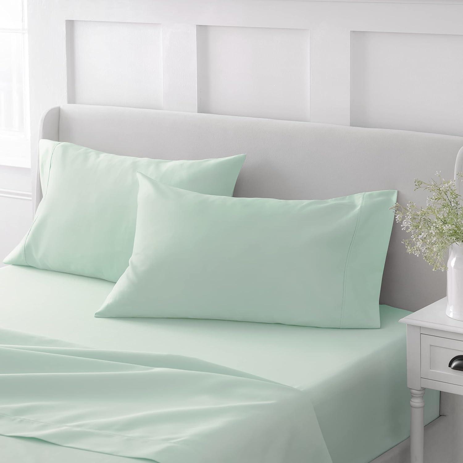 imageMARTHA STEWART 100 Cotton Full Size Sheet Set 4 Piece Soft Smooth Durable Easy Care 16 Deep Pocket Sheets Sateen Sheets 1 Flat 1 Fitted 2 Pillowcases Light BlueMint