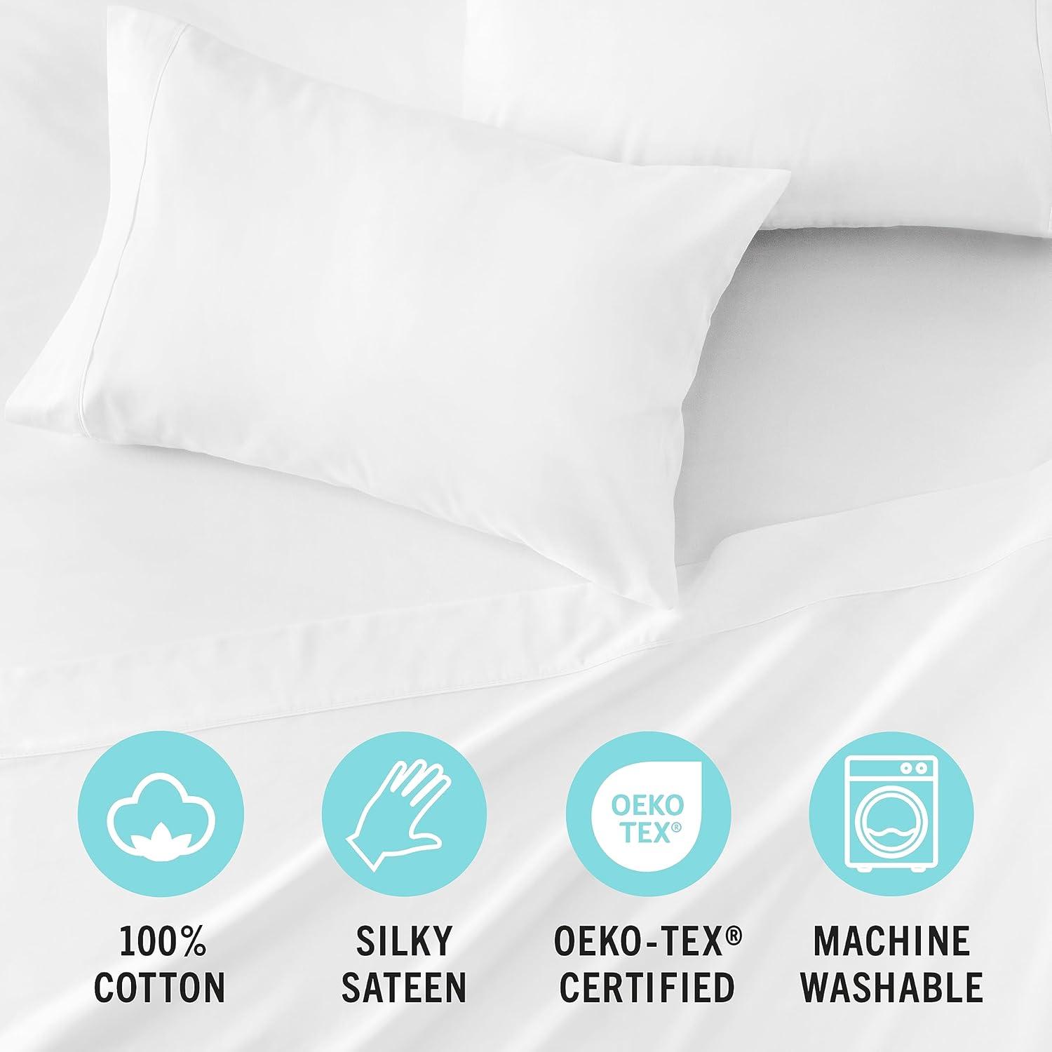 imageMARTHA STEWART 100 Cotton Full Size Sheet Set 4 Piece Soft Smooth Durable Easy Care 16 Deep Pocket Sheets Sateen Sheets 1 Flat 1 Fitted 2 Pillowcases Light BlueWhite
