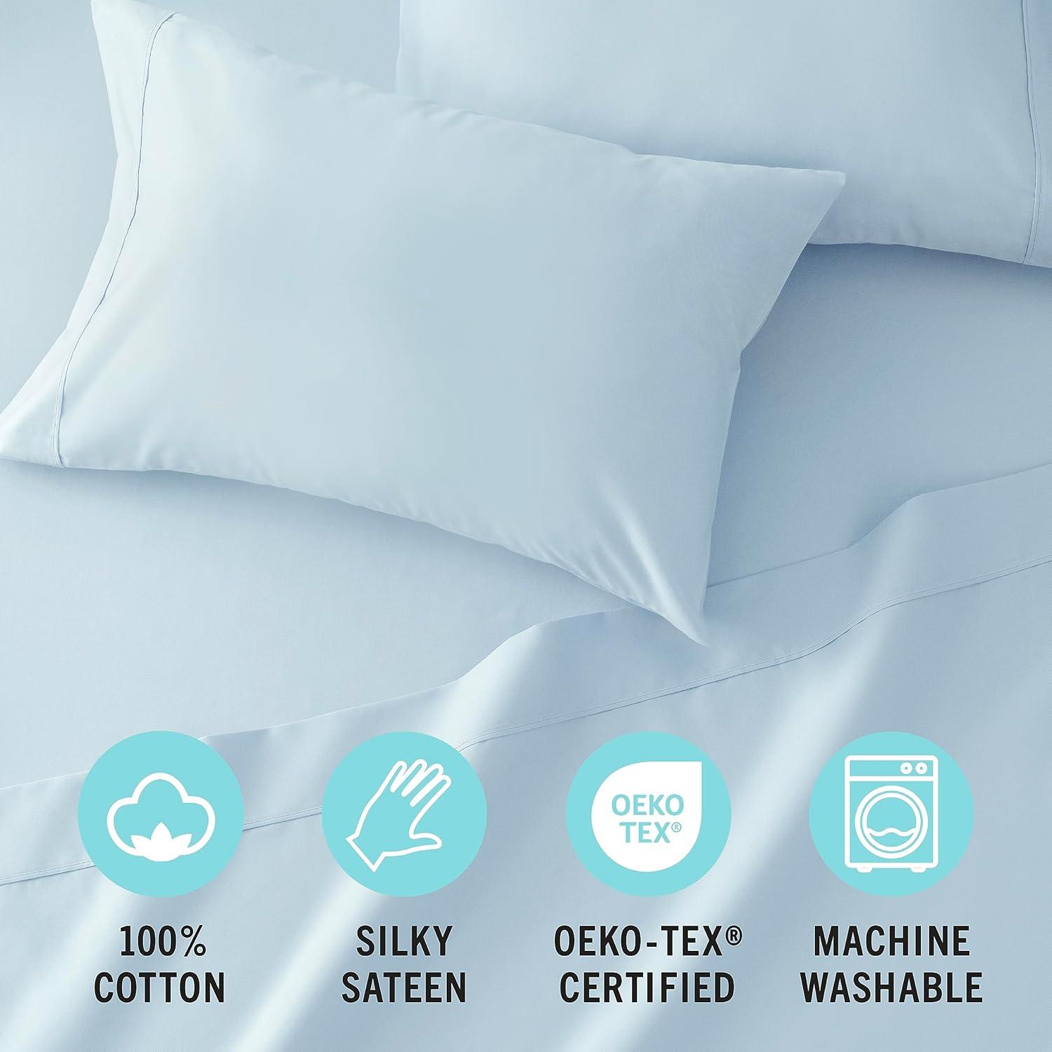 imageMARTHA STEWART 100 Cotton Full Size Sheet Set 4 Piece Soft Smooth Durable Easy Care 16 Deep Pocket Sheets Sateen Sheets 1 Flat 1 Fitted 2 Pillowcases Light BlueLight Blue
