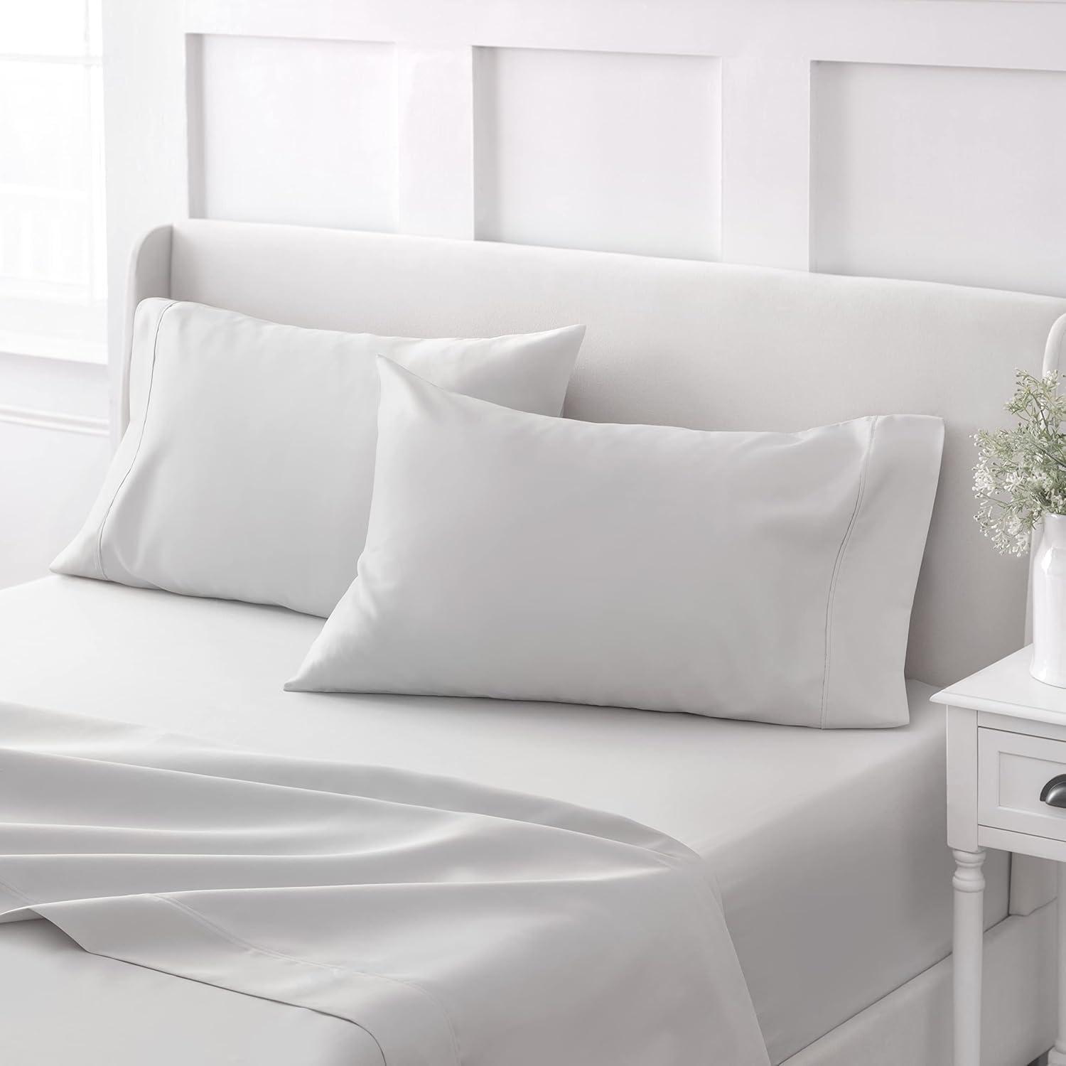 imageMARTHA STEWART 100 Cotton Full Size Sheet Set 4 Piece Soft Smooth Durable Easy Care 16 Deep Pocket Sheets Sateen Sheets 1 Flat 1 Fitted 2 Pillowcases Light BlueLight Gray