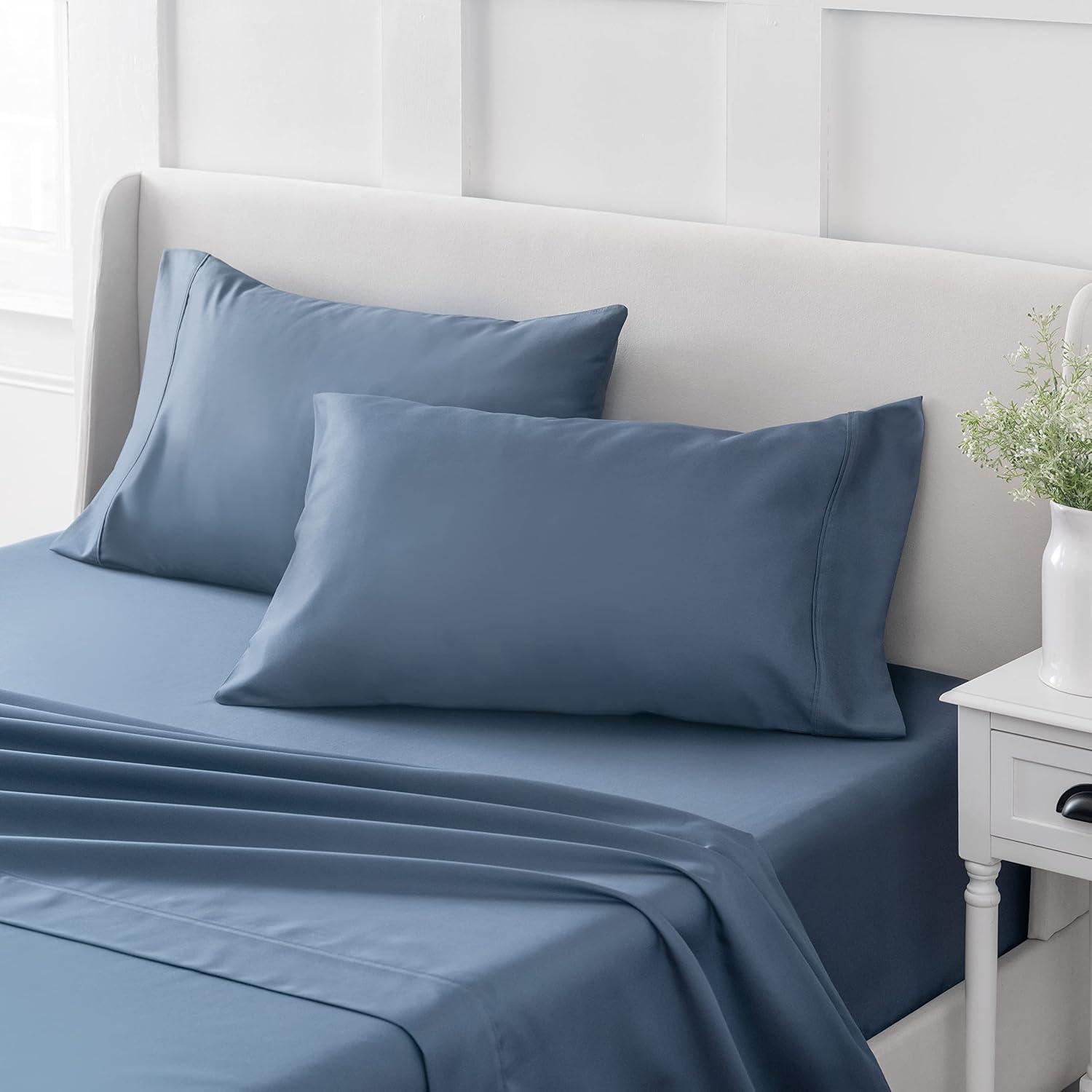 imageMARTHA STEWART 100 Cotton Full Size Sheet Set 4 Piece Soft Smooth Durable Easy Care 16 Deep Pocket Sheets Sateen Sheets 1 Flat 1 Fitted 2 Pillowcases Light BlueBlue