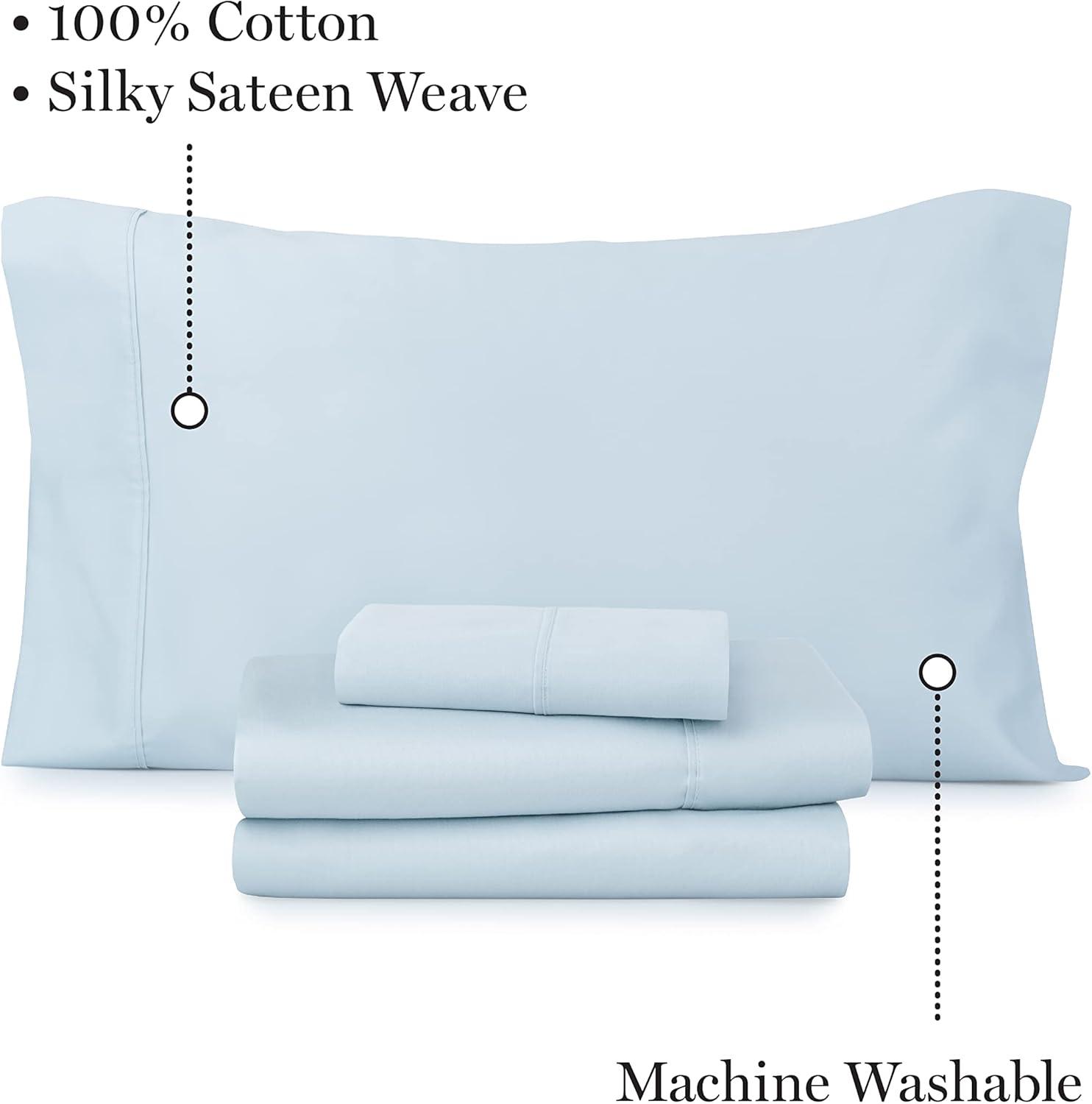 imageMARTHA STEWART 100 Cotton Full Size Sheet Set 4 Piece Soft Smooth Durable Easy Care 16 Deep Pocket Sheets Sateen Sheets 1 Flat 1 Fitted 2 Pillowcases Light BlueLight Blue